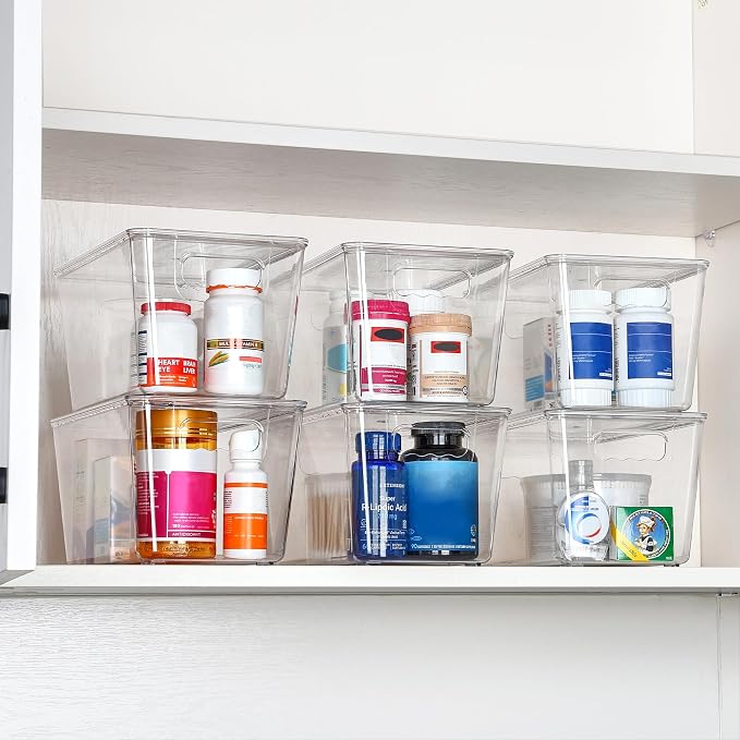 Moonval Clear Storage Bin with Lid, Stackable Plastic Organizer with Handle for Pantry, Fridge & Closet