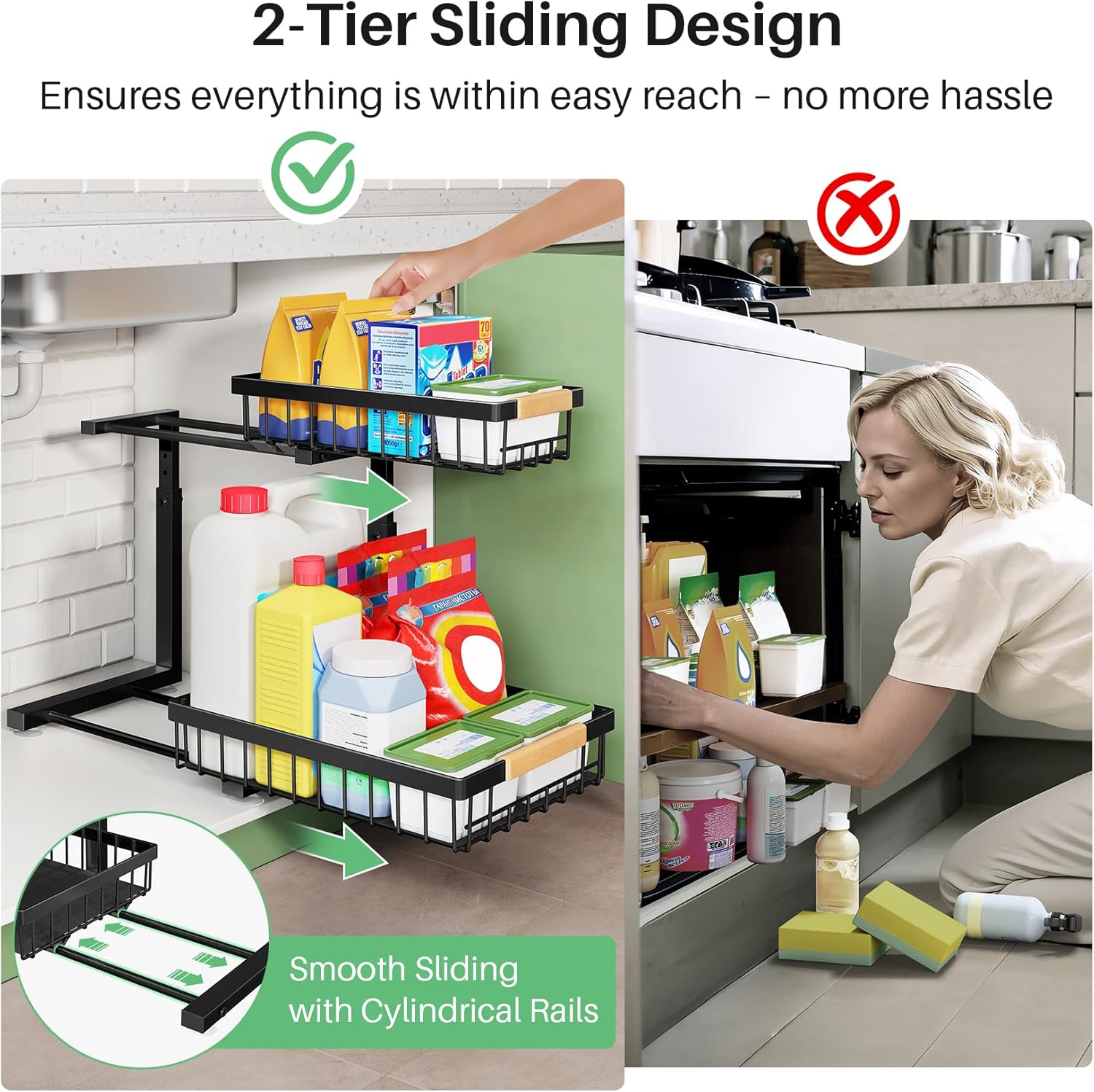 Moonval Under Sink Organizer, 2-Tier Sliding Cabinet Storage Shelf for Kitchen, Bathroom & Pantry