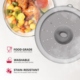 Moonval Microwave Splatter Cover, Vented Food Cover & Colander with Hook Hole for Meal Prep, Grey