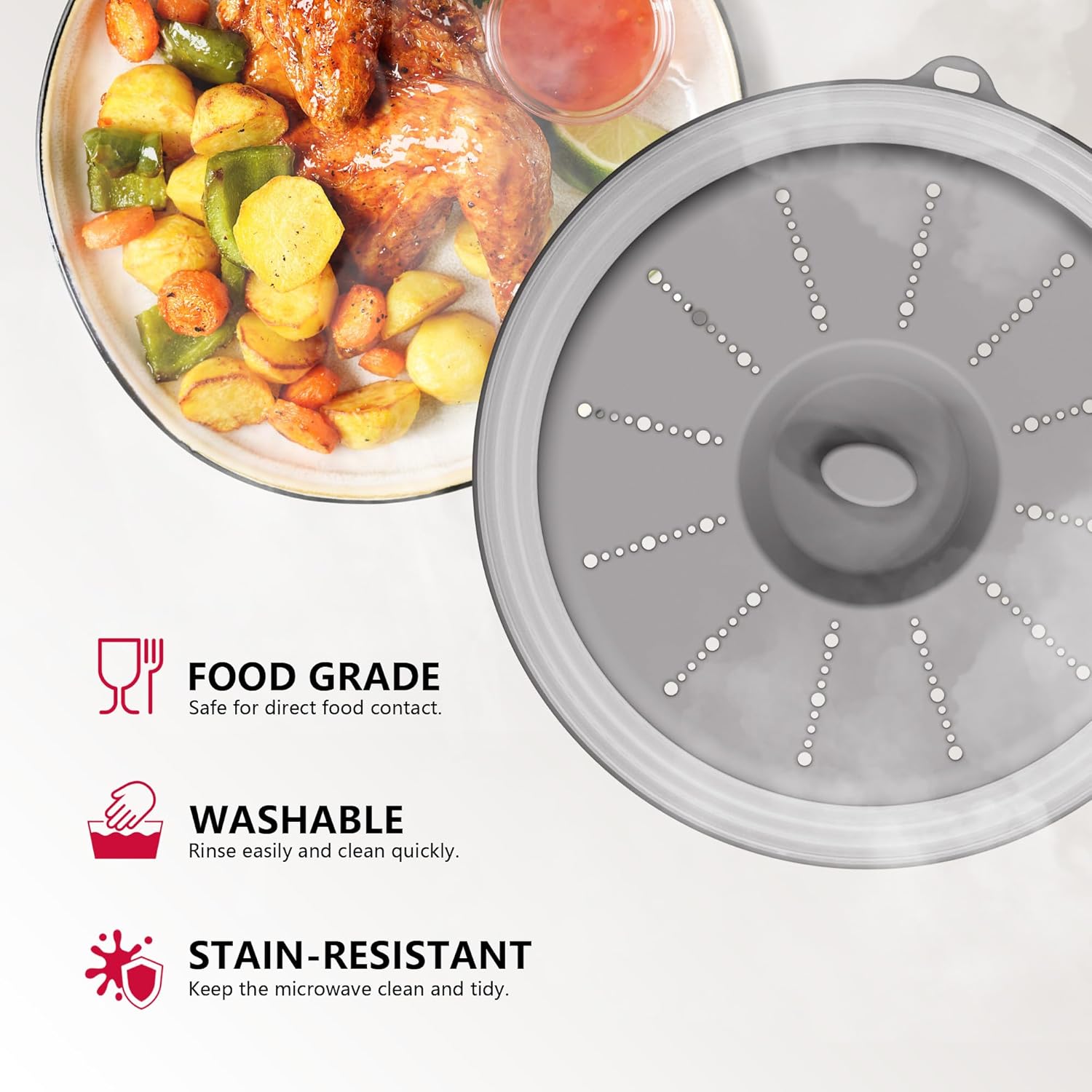Moonval Microwave Splatter Cover, Vented Food Cover & Colander with Hook Hole for Meal Prep, Grey