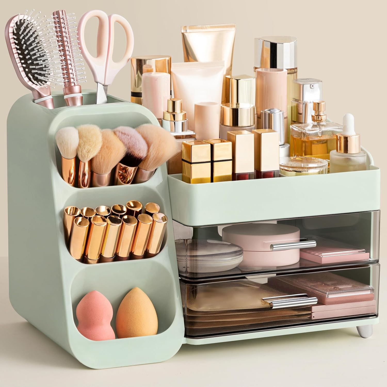 Moonval Bathroom Organizer, 3-Tier Vanity Storage with Brush Holder for Makeup & Skincare