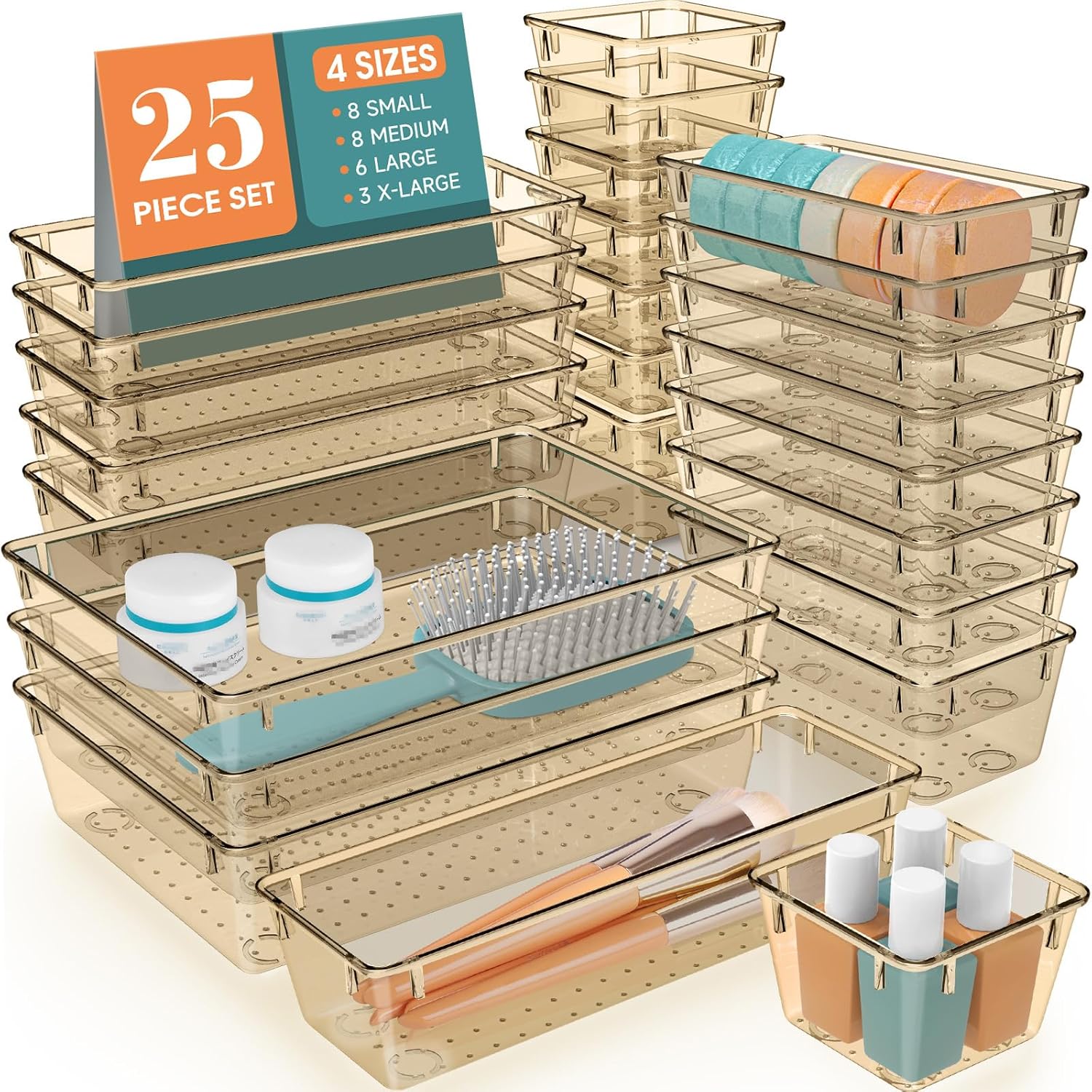 Moonval Clear Drawer Organizer Set, 25-Piece Plastic Storage Trays for Kitchen, Bathroom & Office