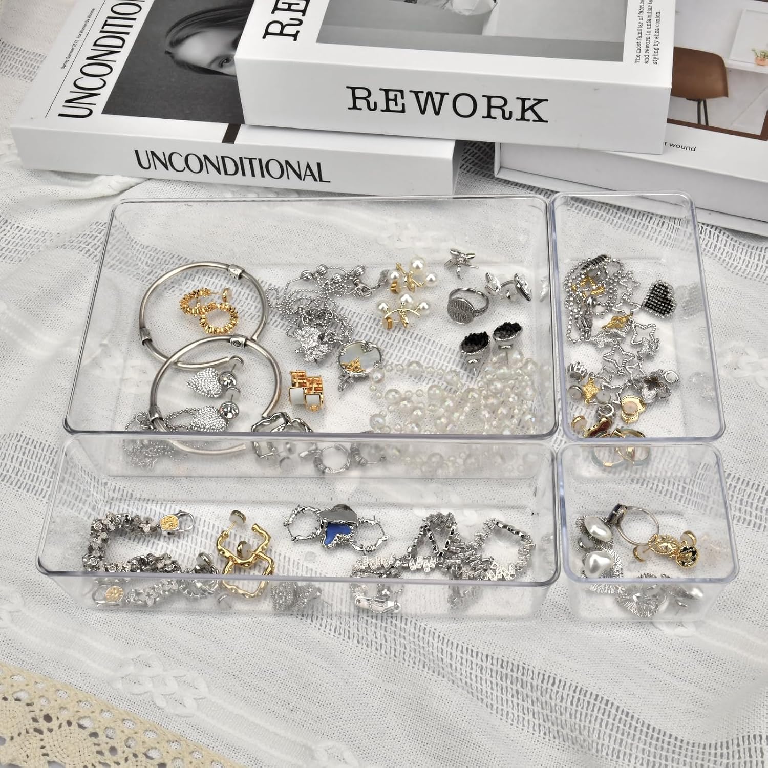 Moonval Clear Drawer Organizer Set, Plastic Storage Trays for Kitchen, Bathroom & Office