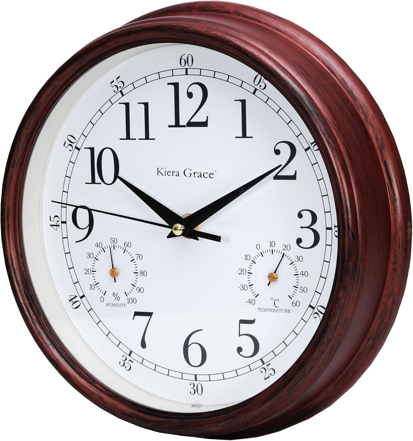Kiera Grace Metz 9" Outdoor Wall Clock with Tempreture and Humid Gauges, Wood Grain Retro Walnut Red, Arabic Numerals Clock, Easy-to-Read, Battery Operated, Perfect for Home or Office Décor