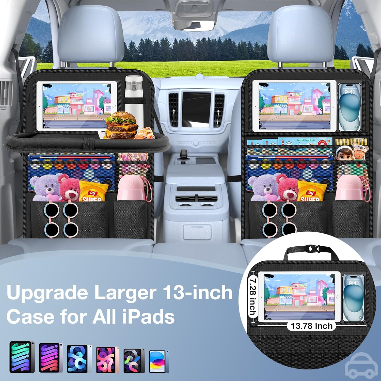 Moonval Backseat Car Organizer, 2-Pack Seat Protectors with Foldable Tray, Tablet Holder & 9 Pockets