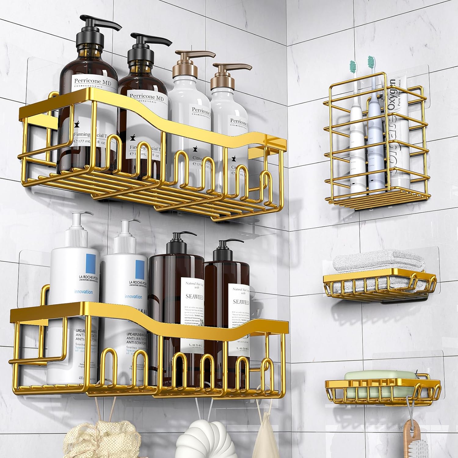 Moonval Adhesive Shower Caddy, 5-Pack Rustproof Stainless Steel Bathroom Organizer Shelves