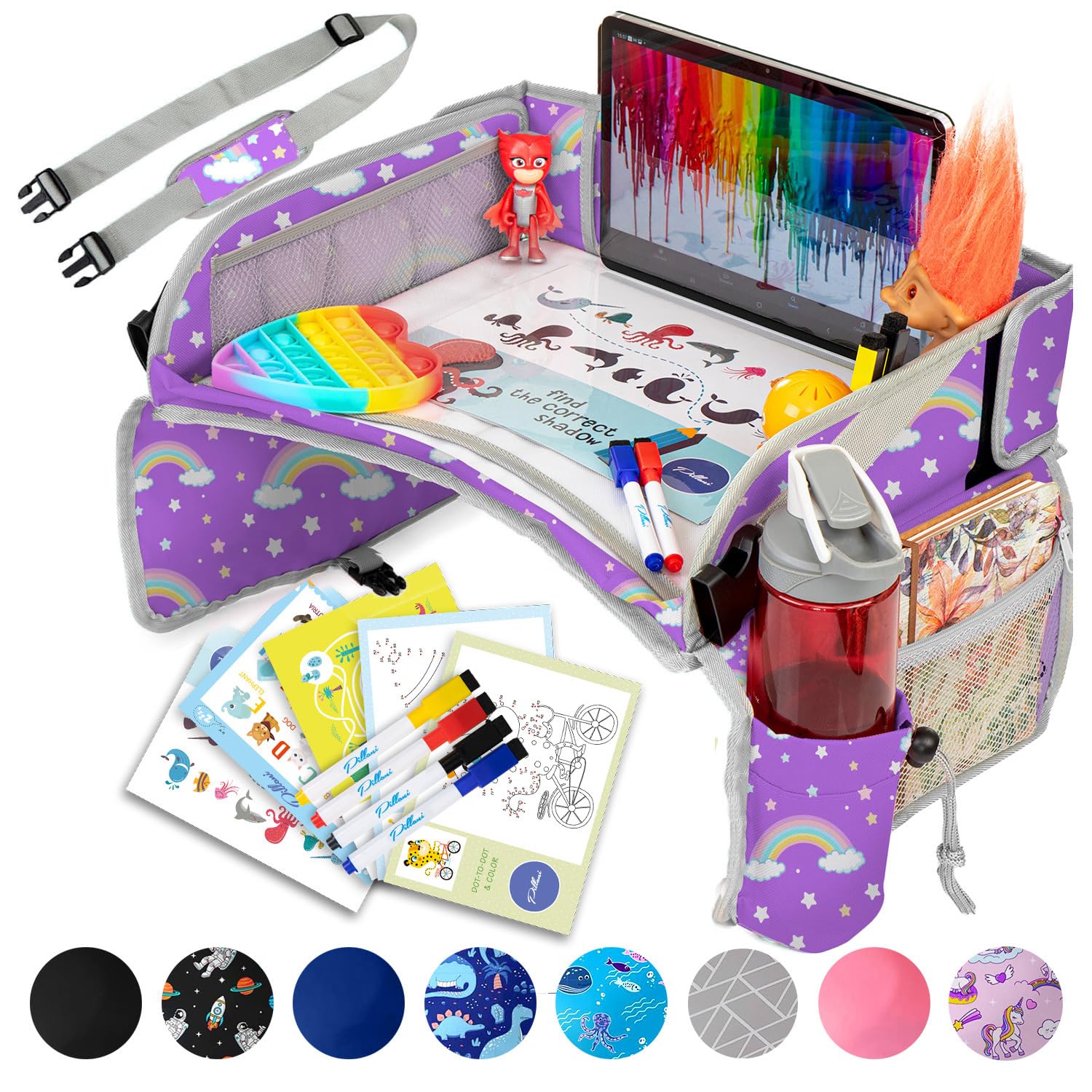 Moonval Kids Travel Tray, Car Seat Activity Lap Desk with Storage Pockets, Activity Sheets & Pens