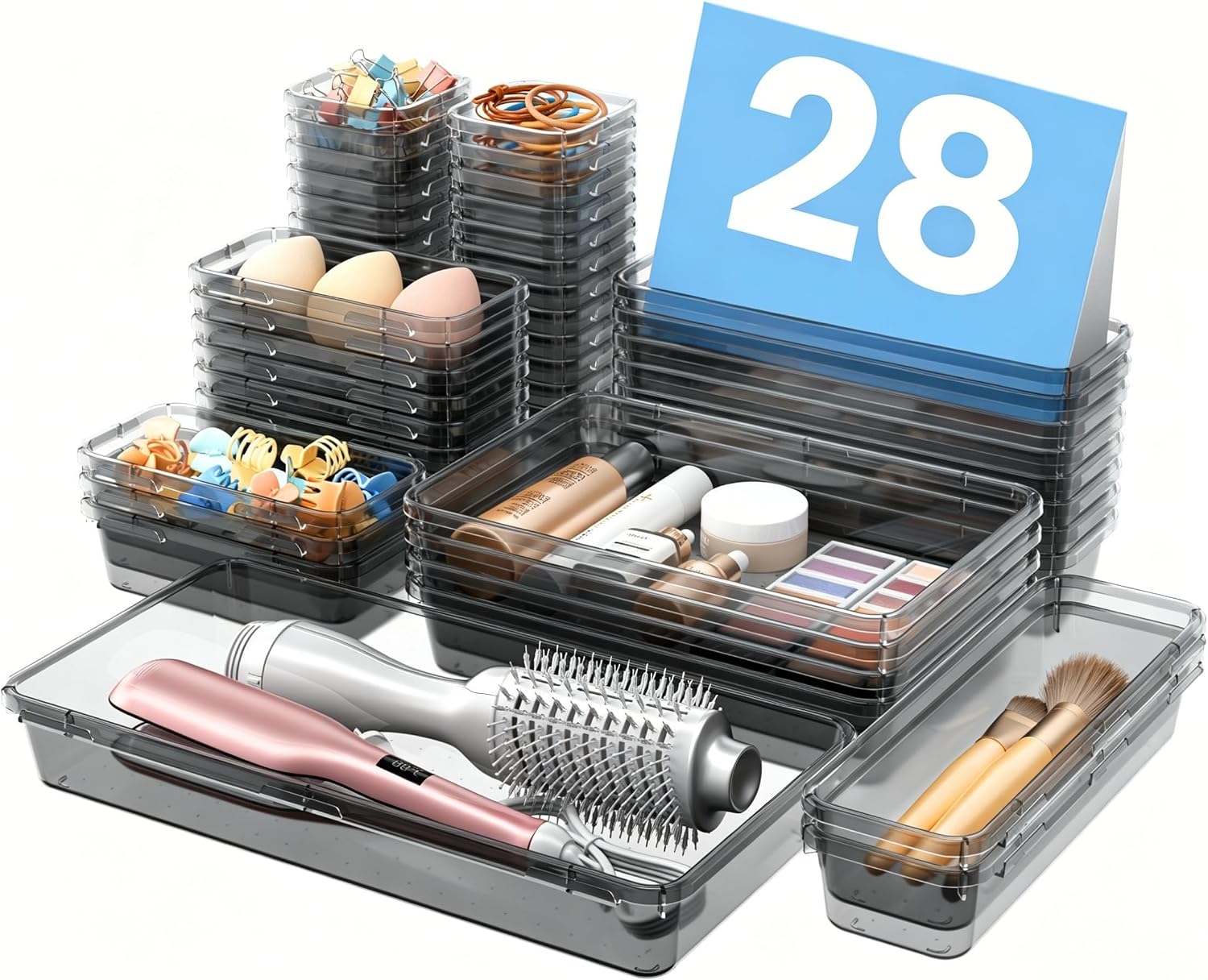 Moonval Clear Drawer Organizer Set, 5-Size Makeup & Desk Organizer Trays for Bathroom, Vanity & Office
