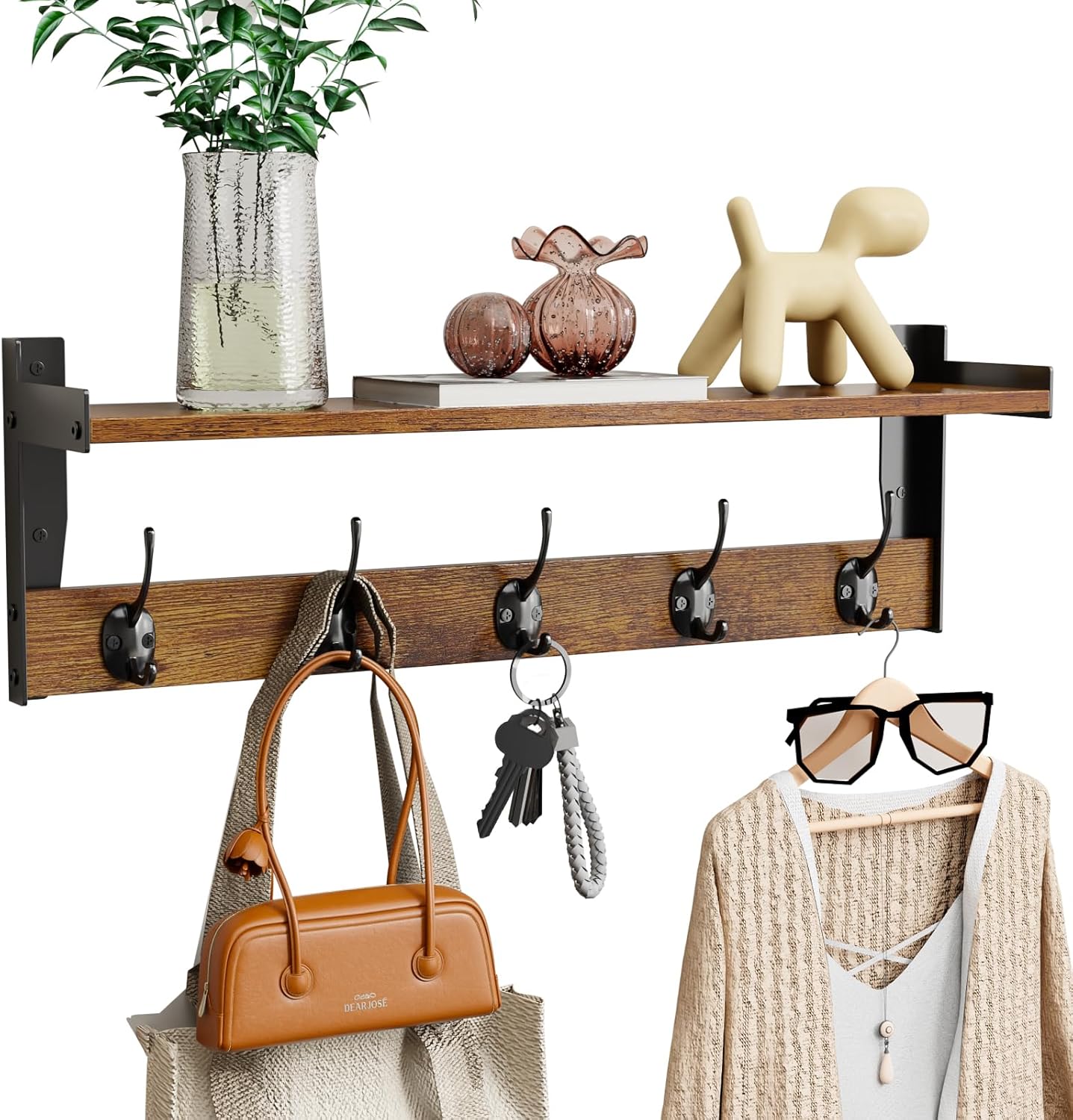 Moonval Wall Mounted Coat Rack, Wooden Shelf with 5 Metal Hooks for Entryway, Bathroom & Bedroom