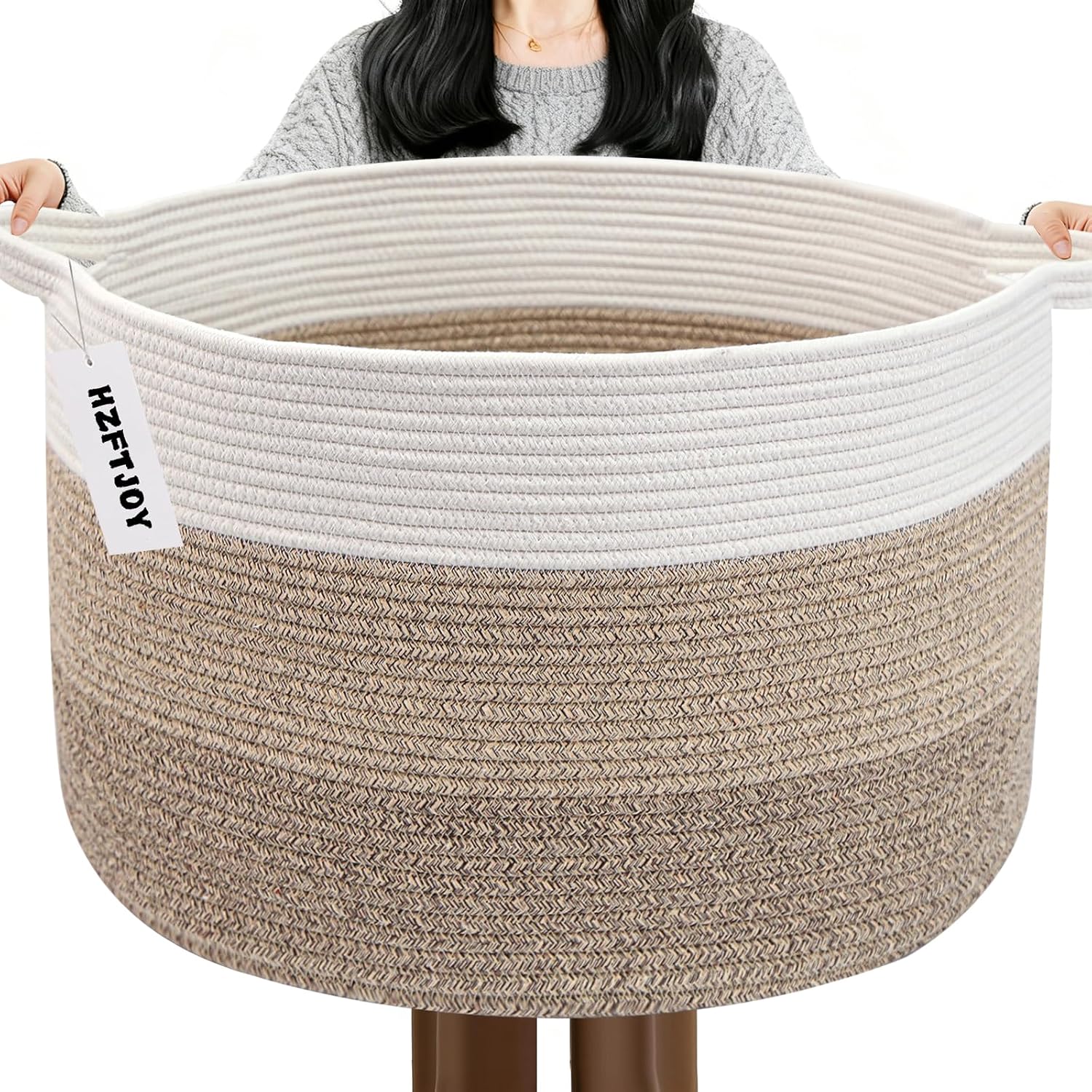 Moonval Woven Blanket Basket, Cotton Rope Storage Hamper with Handles for Laundry, Toys & Blankets