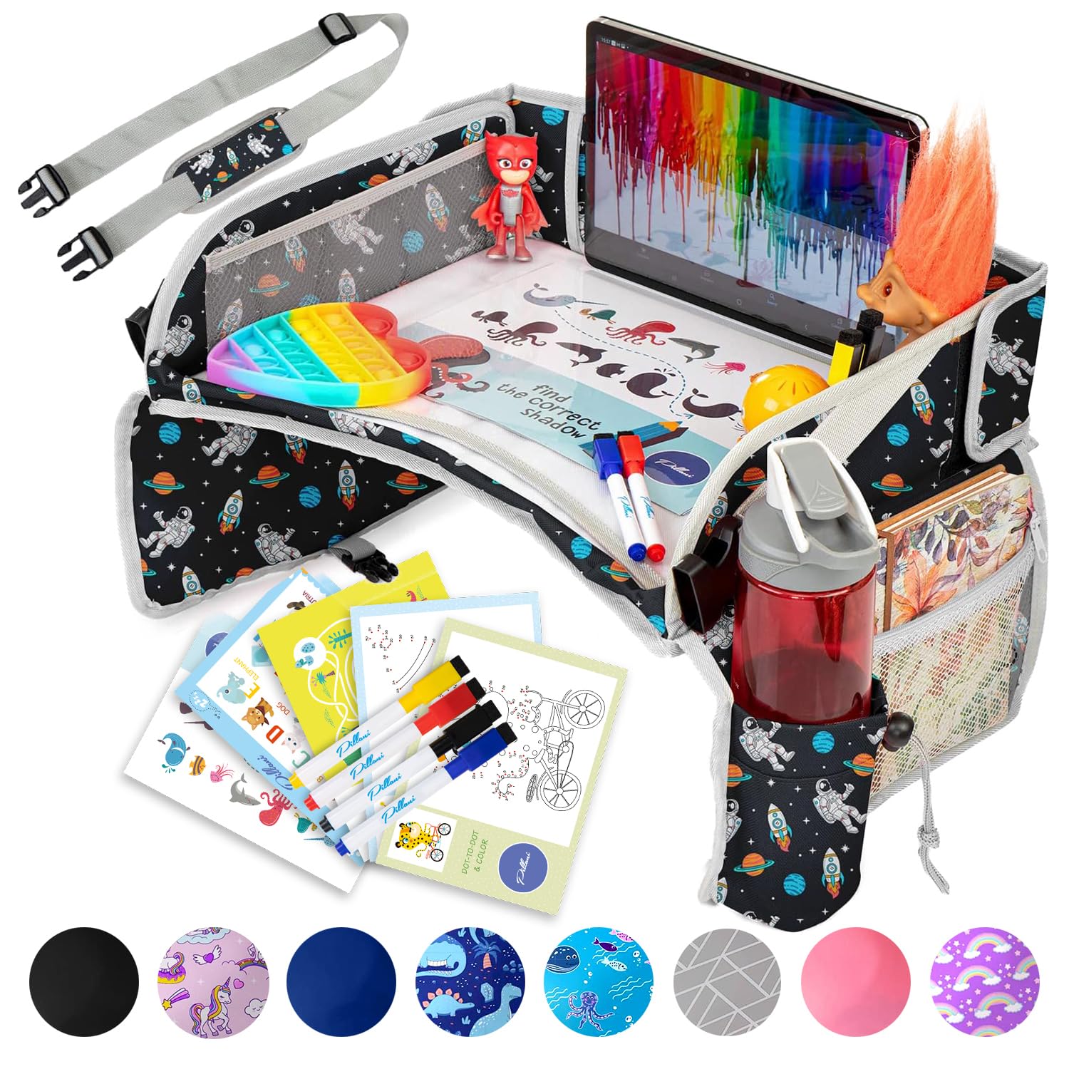 Moonval Kids Travel Tray, Car Seat Activity Lap Desk with Storage Pockets, Activity Sheets & Pens