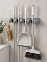 Moonval Wall-Mounted Broom Holder, 5-Slot Mop & Tool Organizer Rack with Hooks
