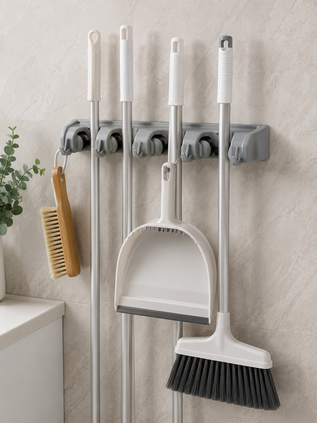Moonval Wall-Mounted Broom Holder, 5-Slot Mop & Tool Organizer Rack with Hooks
