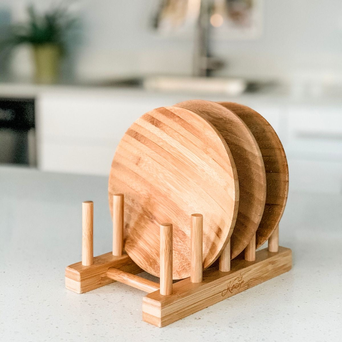Moonval Bamboo Plate Rack, Wooden Dish Drying & Storage Organizer for Plates & Lids