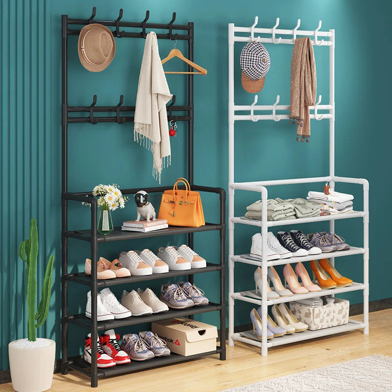 Moonval Hall Tree with Shoe Rack, Entryway Coat Stand with 4 Shoe Shelves & Storage Hooks
