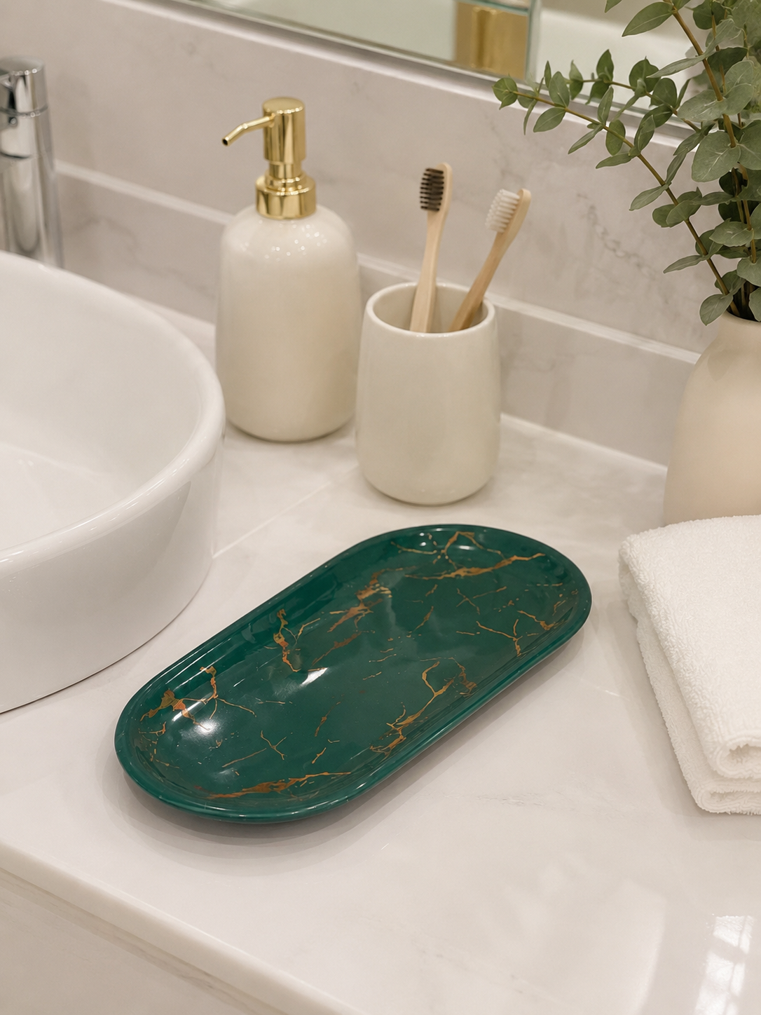 Moonval Green Marble Decorative Tray, Oval Vanity Organizer for Bathroom, Kitchen & Décor