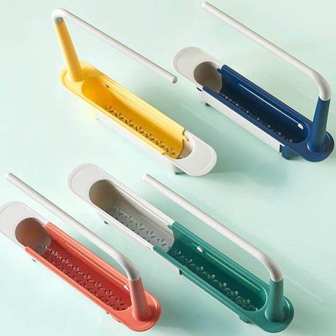 Moonval Expandable Sink Caddy, Adjustable Drain Rack with Towel Bar & Utensil Holder