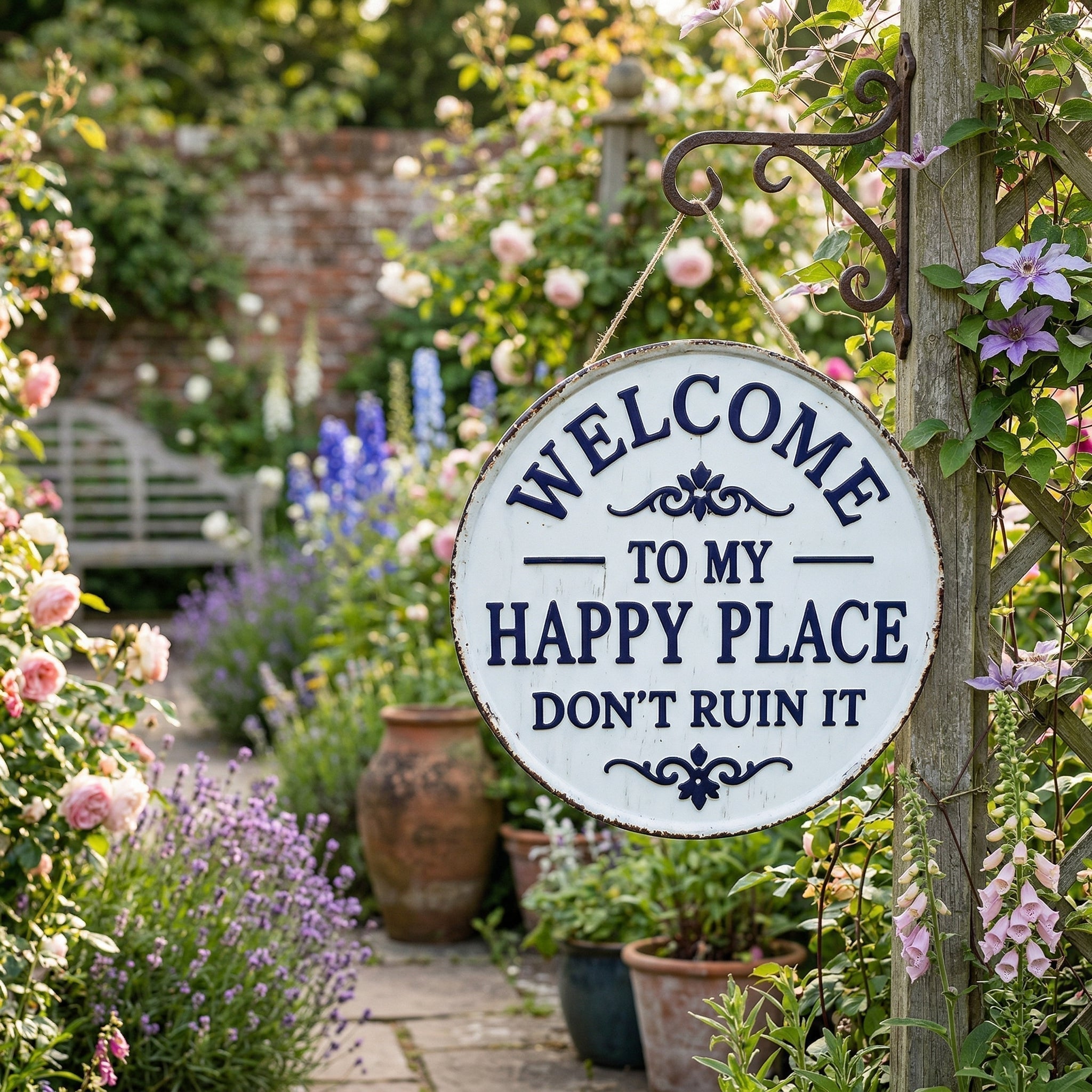 Moonval Vintage Metal Garden Sign, Round Welcome Wall Plaque for Outdoor Patio, Porch & Yard Decor