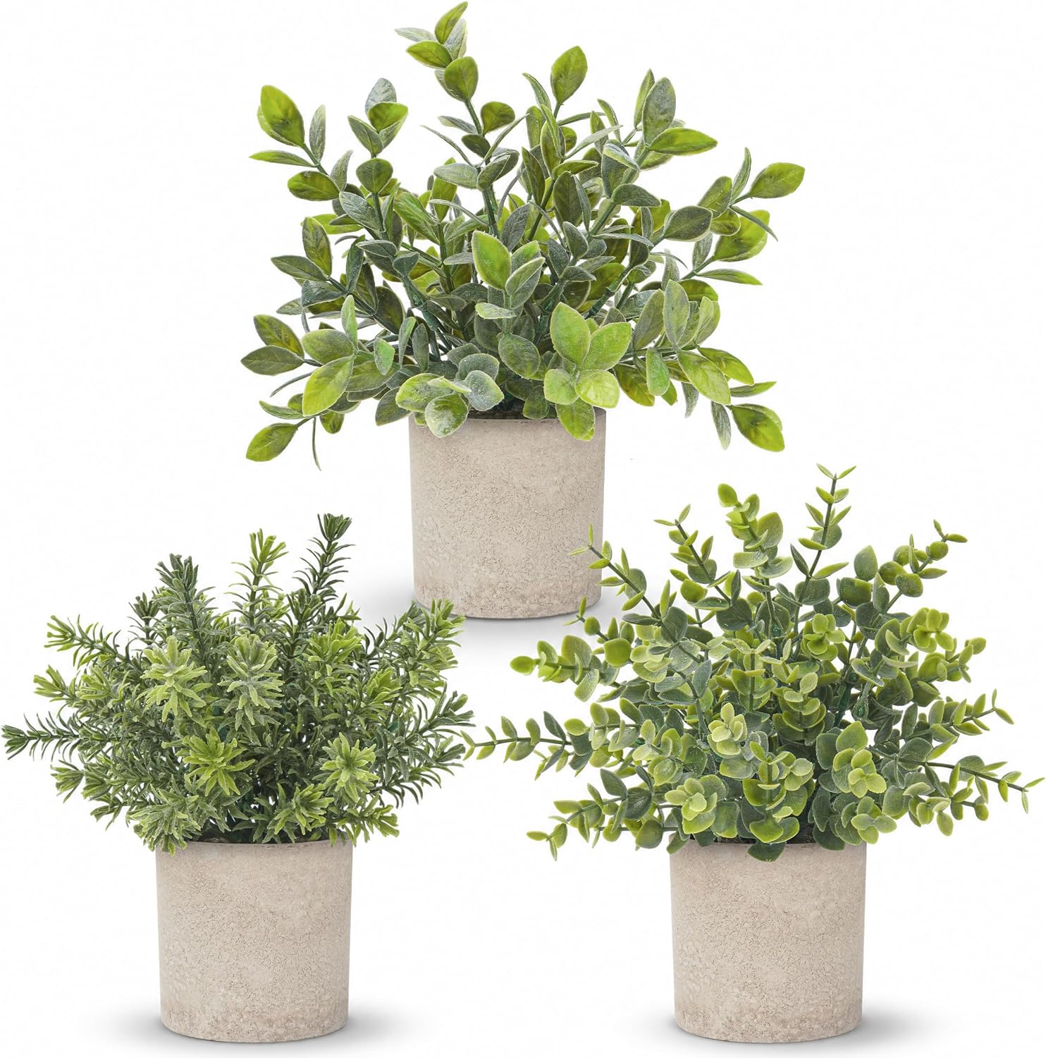 Moonval Mini Artificial Potted Plants, Set of 3 Faux Eucalyptus for Home, Office & Desk Decor