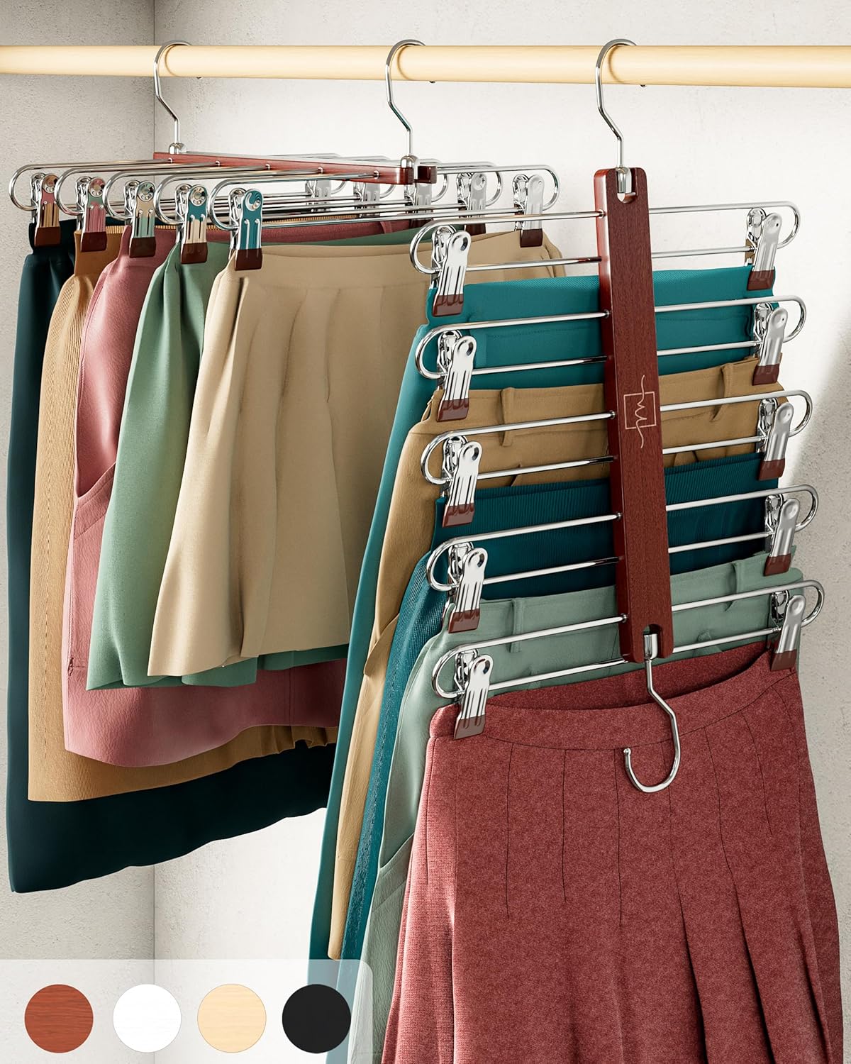 Moonval Skirt Hangers, 2-Pack 5-Tier Wooden Closet Organizers with Clips & 360° Swivel Hooks