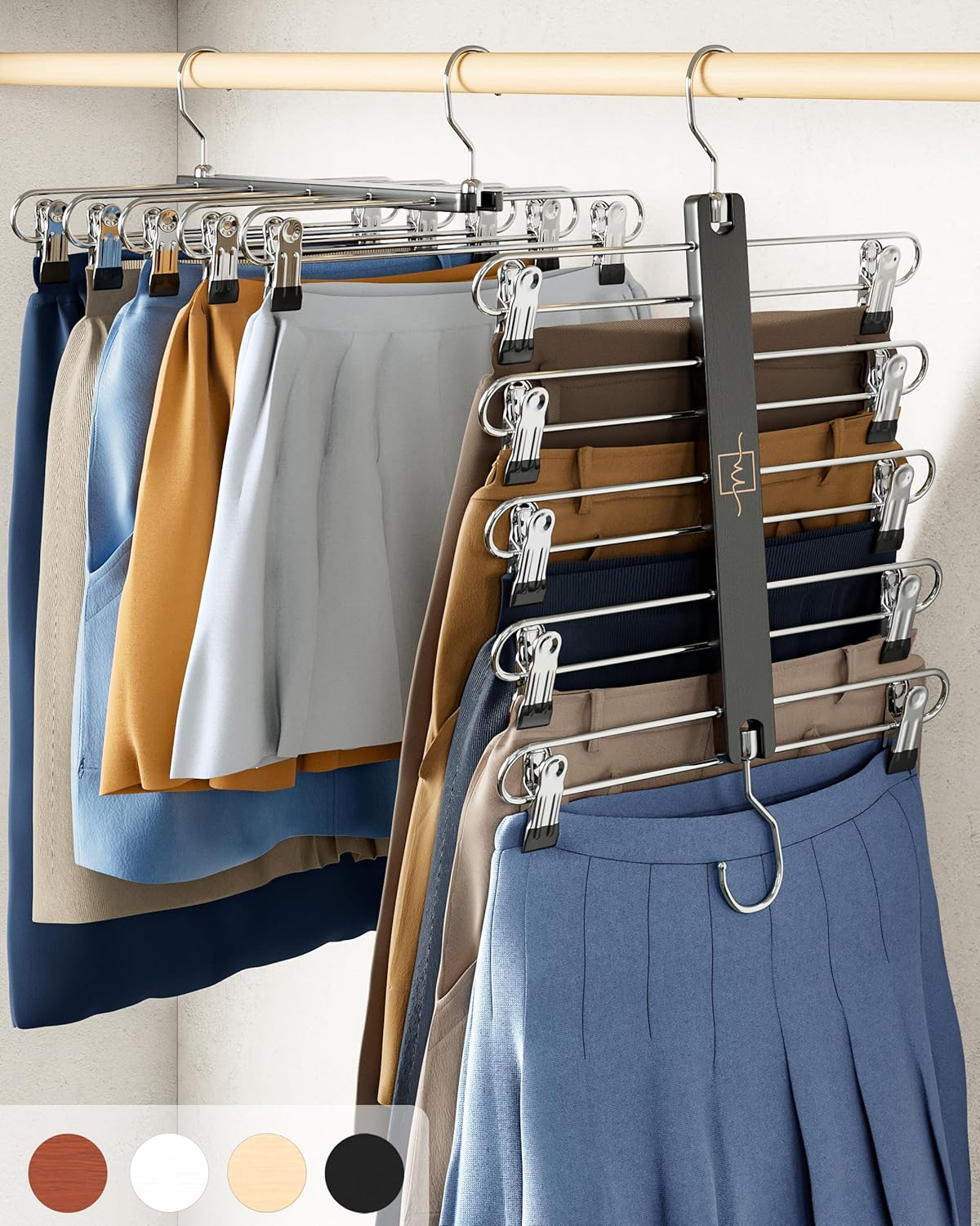 Moonval Skirt Hangers, 2-Pack 5-Tier Wooden Closet Organizers with Clips & 360° Swivel Hooks