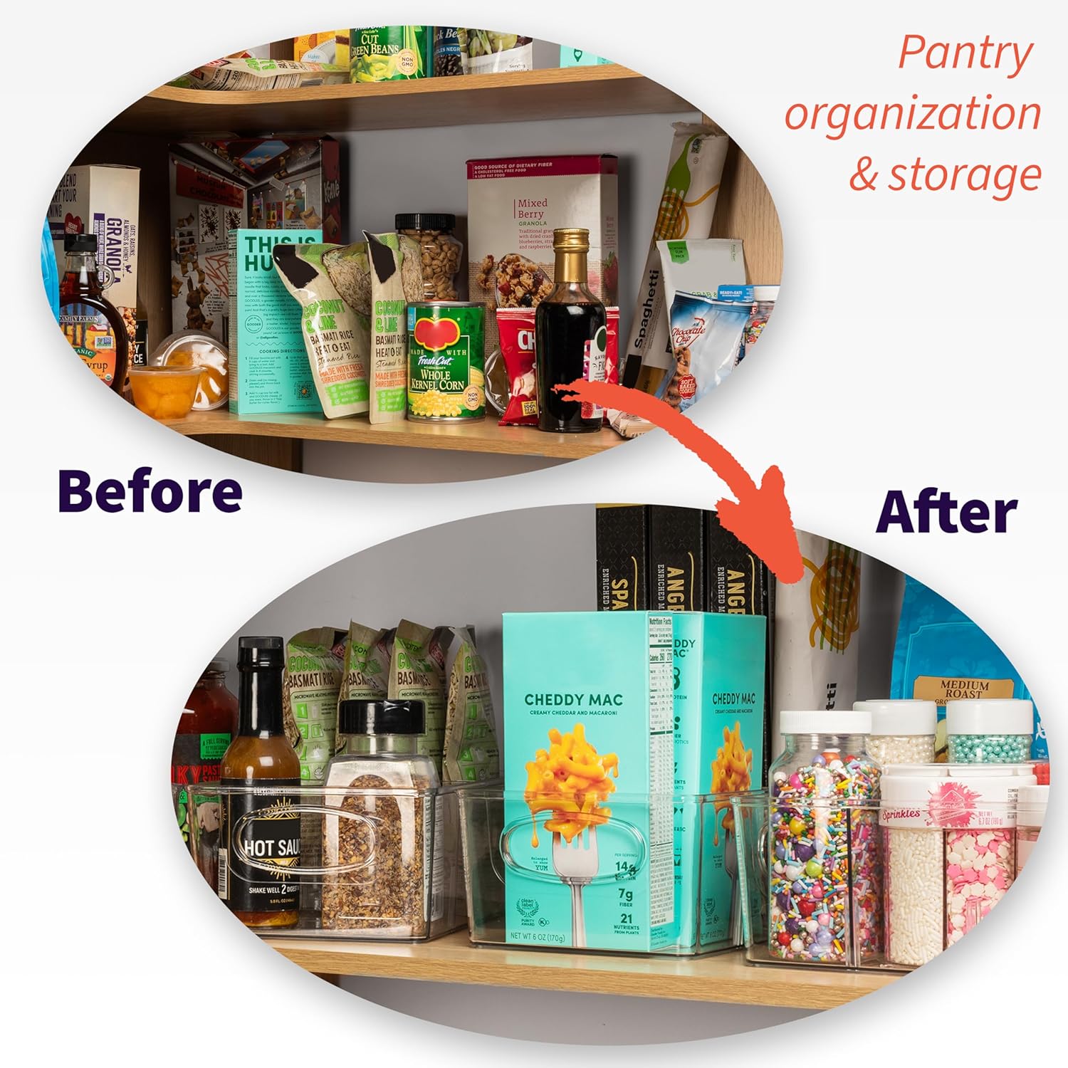 Moonval Pantry Storage Bins, Clear Organizers with Removable Dividers for Kitchen & Refrigerator