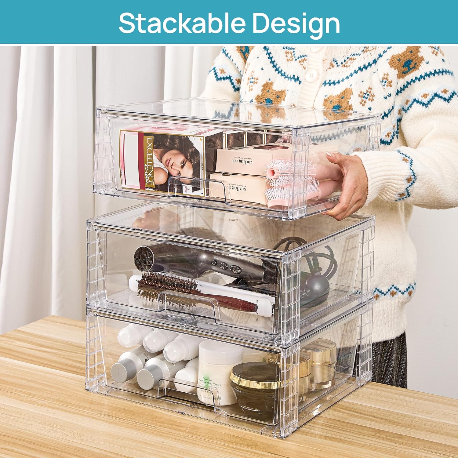 Moonval Stackable Storage Drawers, Clear Acrylic Organizer Bins for Bathroom, Kitchen & Closet