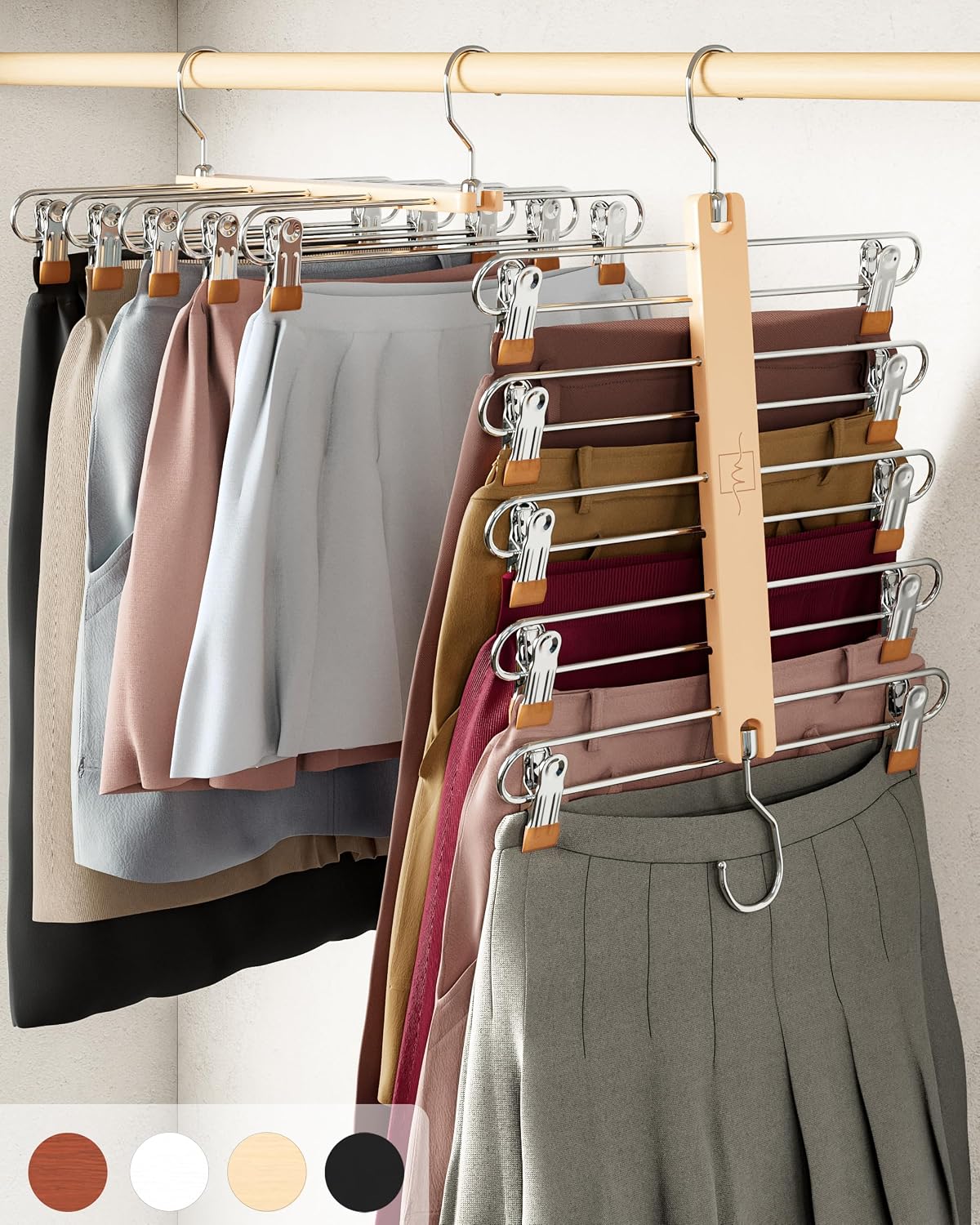 Moonval Skirt Hangers, 2-Pack 5-Tier Wooden Closet Organizers with Clips & 360° Swivel Hooks