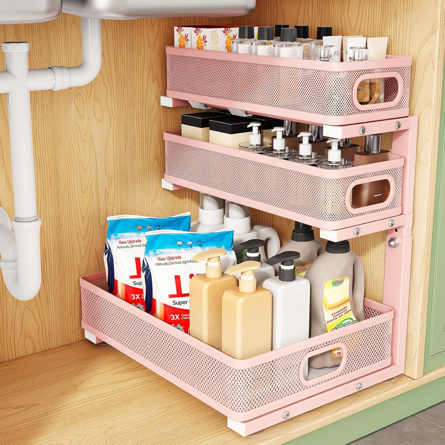 Moonval Under Sink Organizer, 3-Tier Height-Adjustable Sliding Metal Cabinet Shelf for Kitchen & Bathroom
