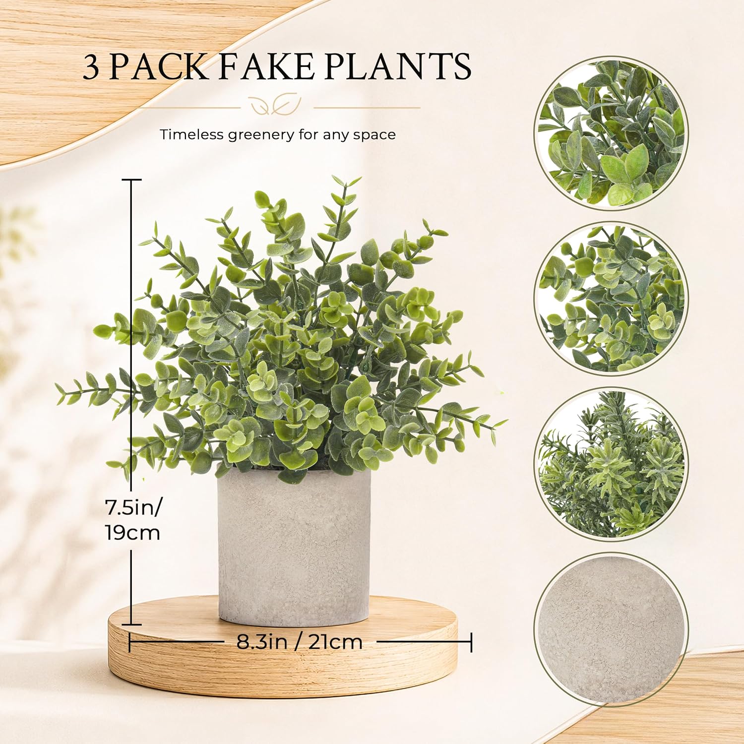 Moonval Mini Artificial Potted Plants, Set of 3 Faux Eucalyptus for Home, Office & Desk Decor