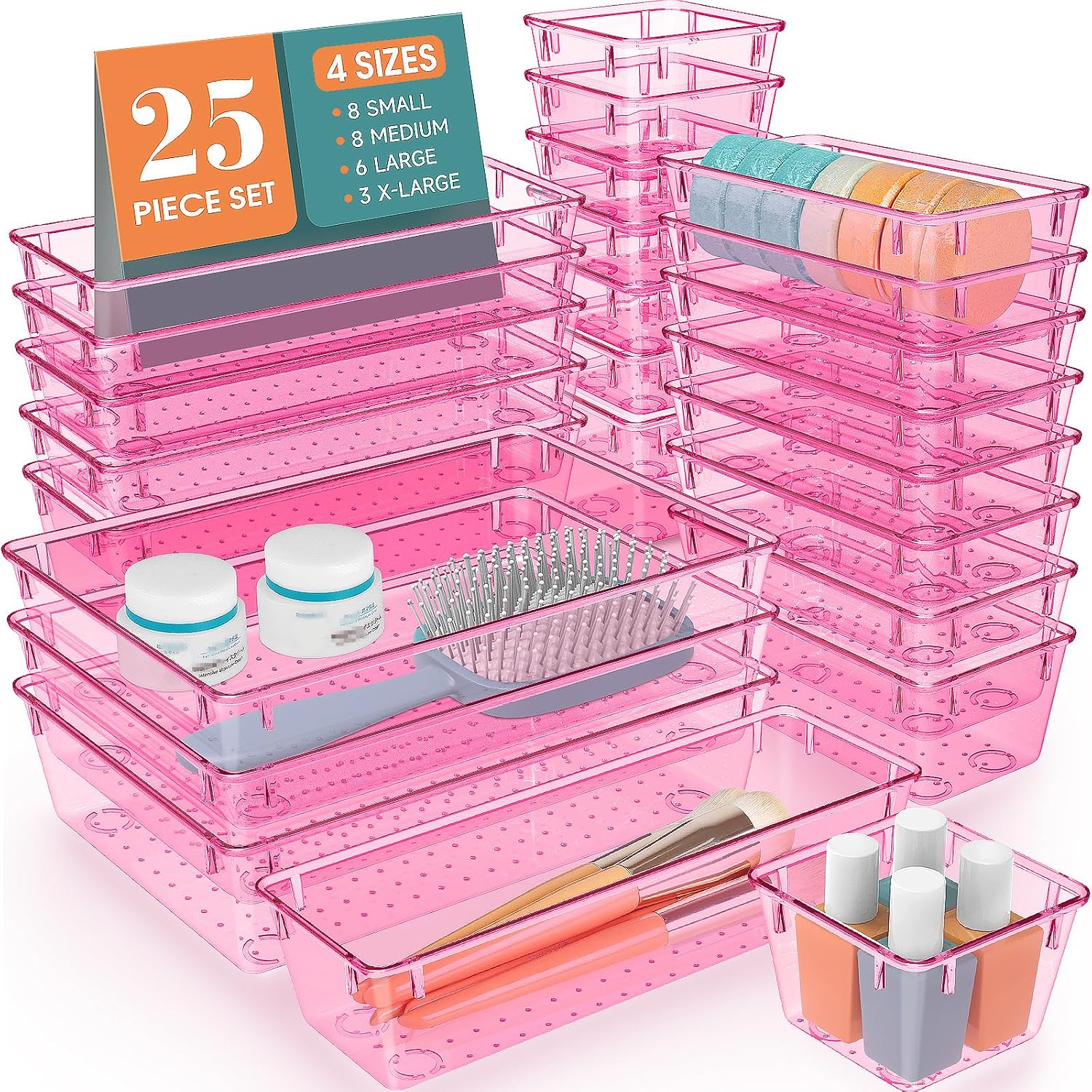 Moonval Clear Drawer Organizer Set, 25-Piece Plastic Storage Trays for Kitchen, Bathroom & Office