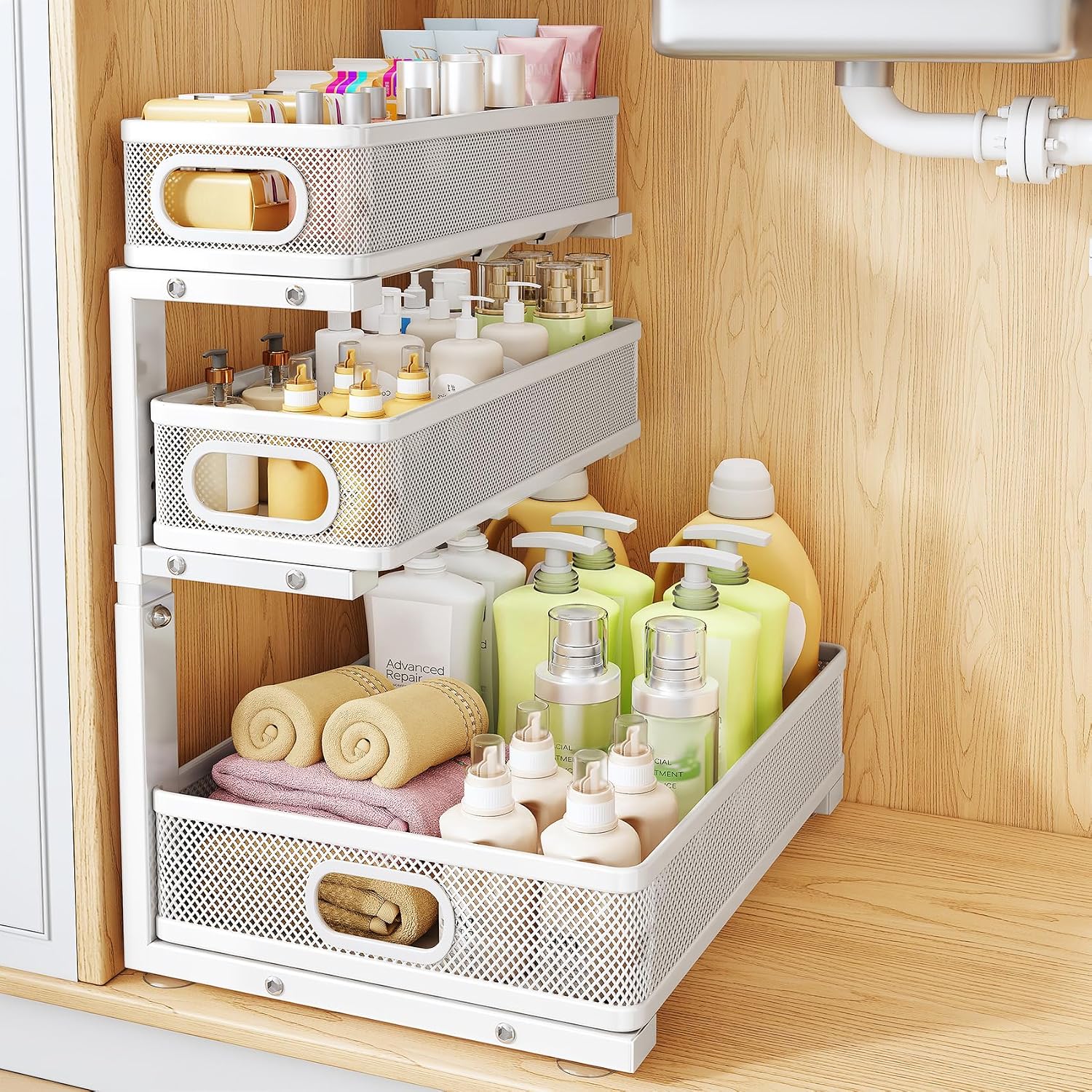 Moonval Under Sink Organizer, 3-Tier Height-Adjustable Sliding Metal Cabinet Shelf with Pull-Out Drawers