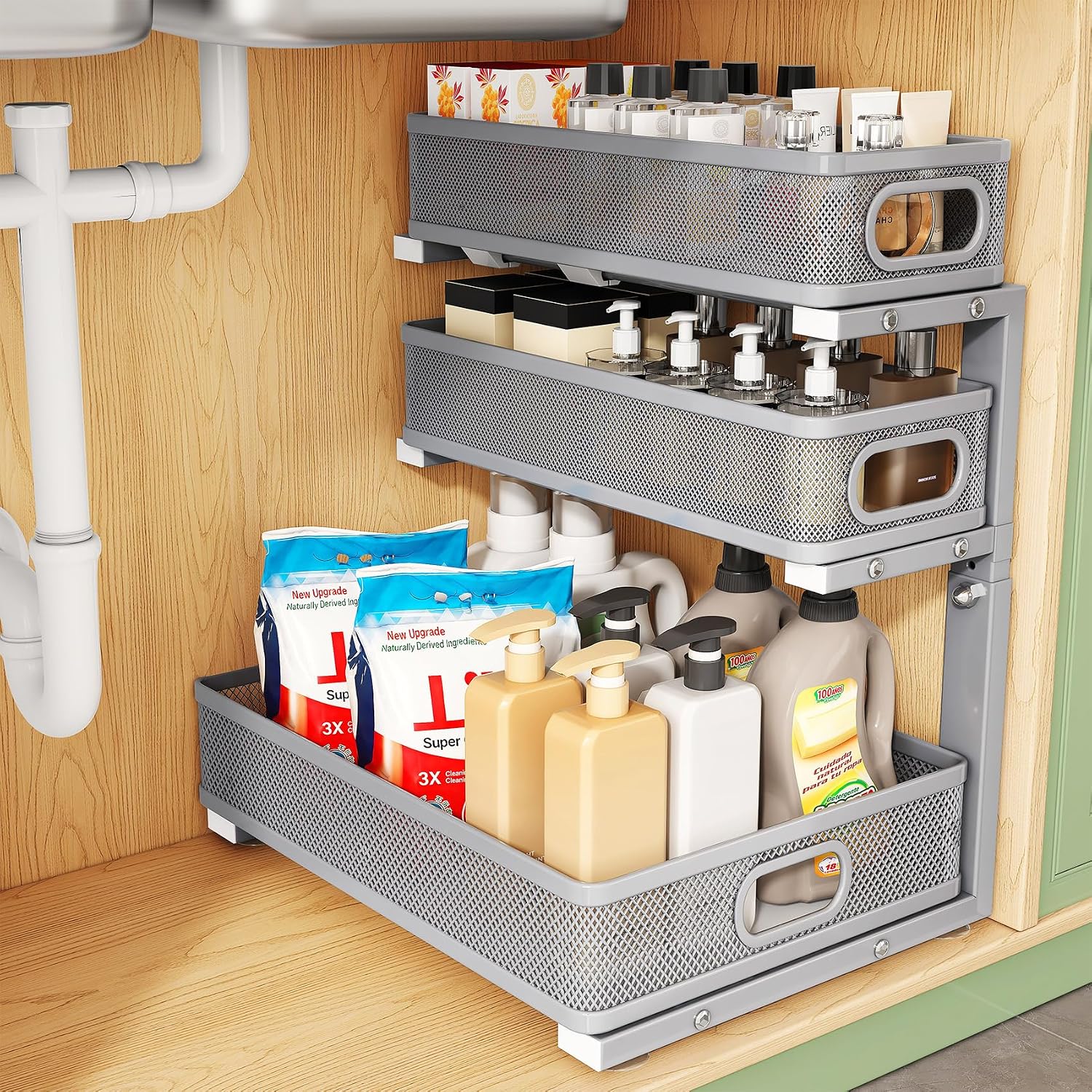 Moonval Under Sink Organizer, 3-Tier Height-Adjustable Sliding Metal Cabinet Shelf for Kitchen & Bathroom