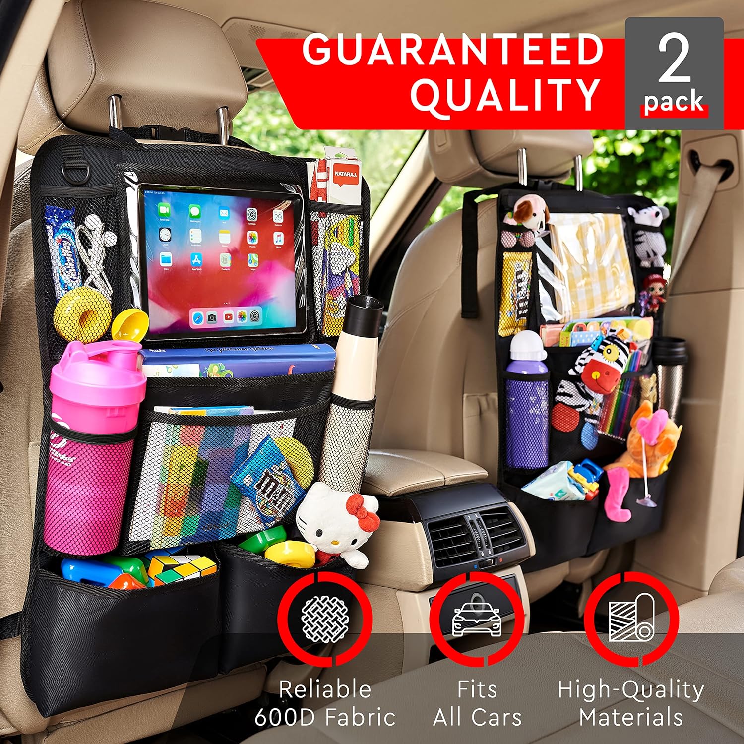 Moonval Backseat Car Organizer, 2-Pack Seat Protectors with Tablet Holder & 9 Storage Pockets