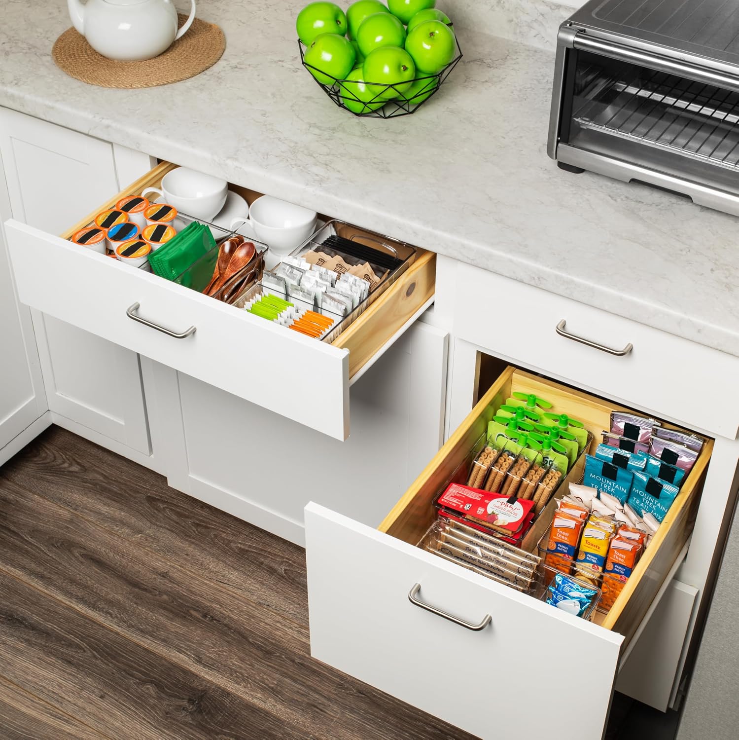 Moonval Pantry Storage Bins, Clear Organizers with Removable Dividers for Kitchen & Refrigerator