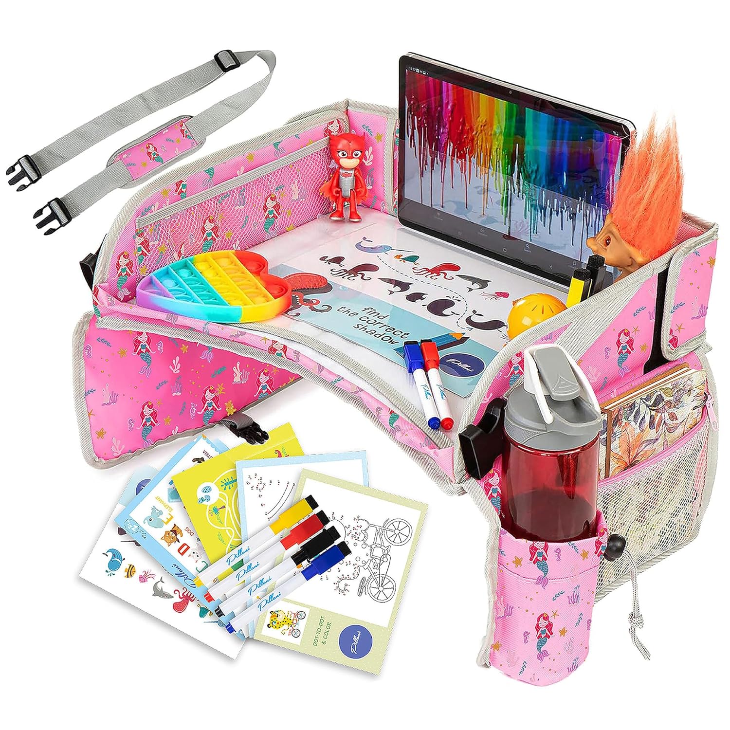 Moonval Kids Travel Tray, Car Seat Activity Lap Desk with Storage Pockets, Activity Sheets & Pens