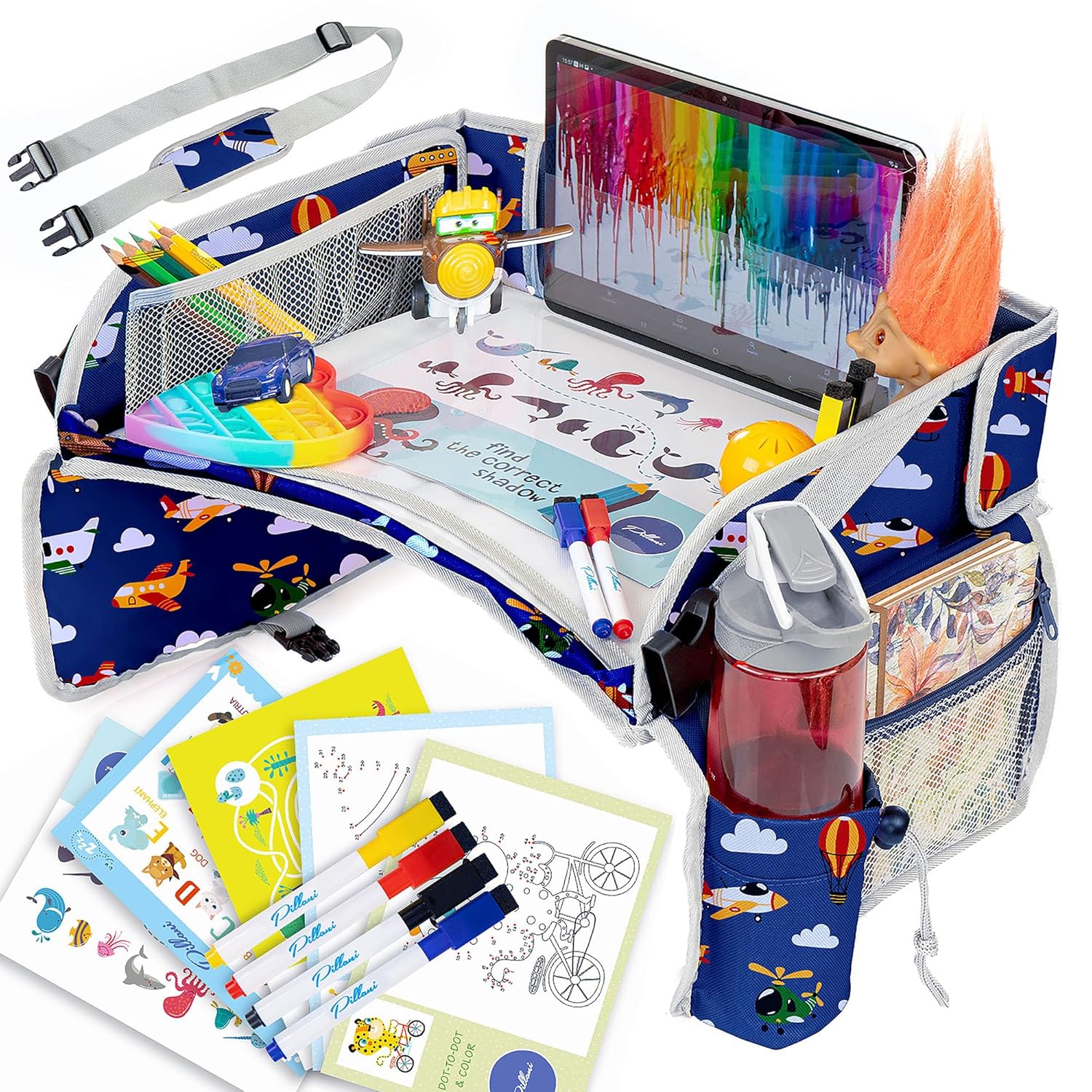 Moonval Kids Travel Tray, Car Seat Activity Lap Desk with Storage Pockets, Activity Sheets & Pens