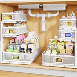 Moonval Under Sink Organizer, 3-Tier Height-Adjustable Sliding Metal Cabinet Shelf with Pull-Out Drawers
