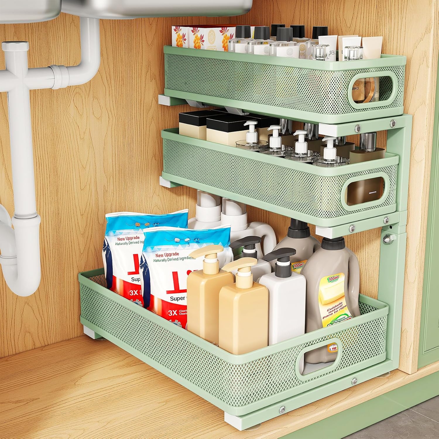 Moonval Under Sink Organizer, 3-Tier Height-Adjustable Sliding Metal Cabinet Shelf for Kitchen & Bathroom