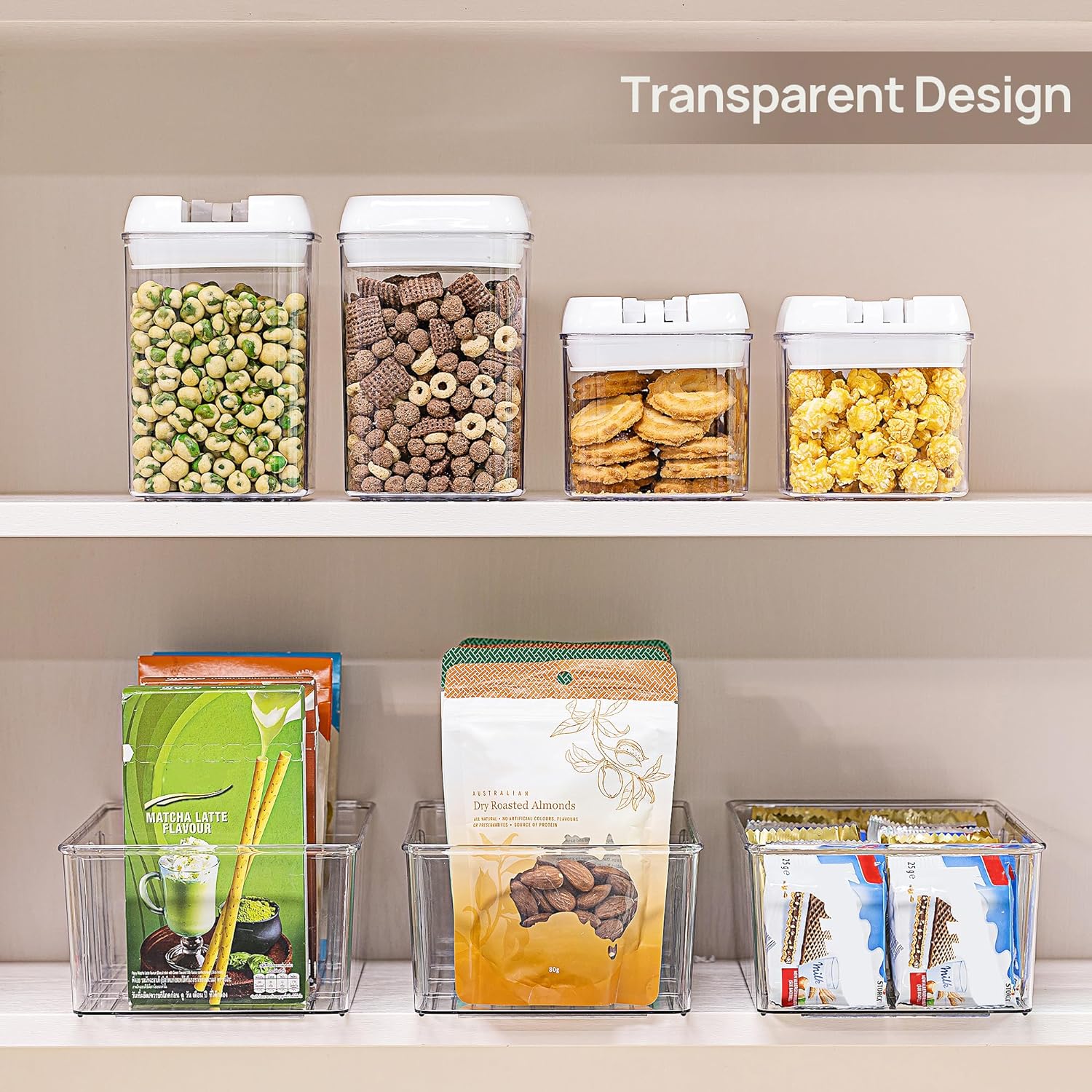Moonval Food Storage Organizer Bins, Clear Pantry Containers with 4 Compartments for Snacks & Packets