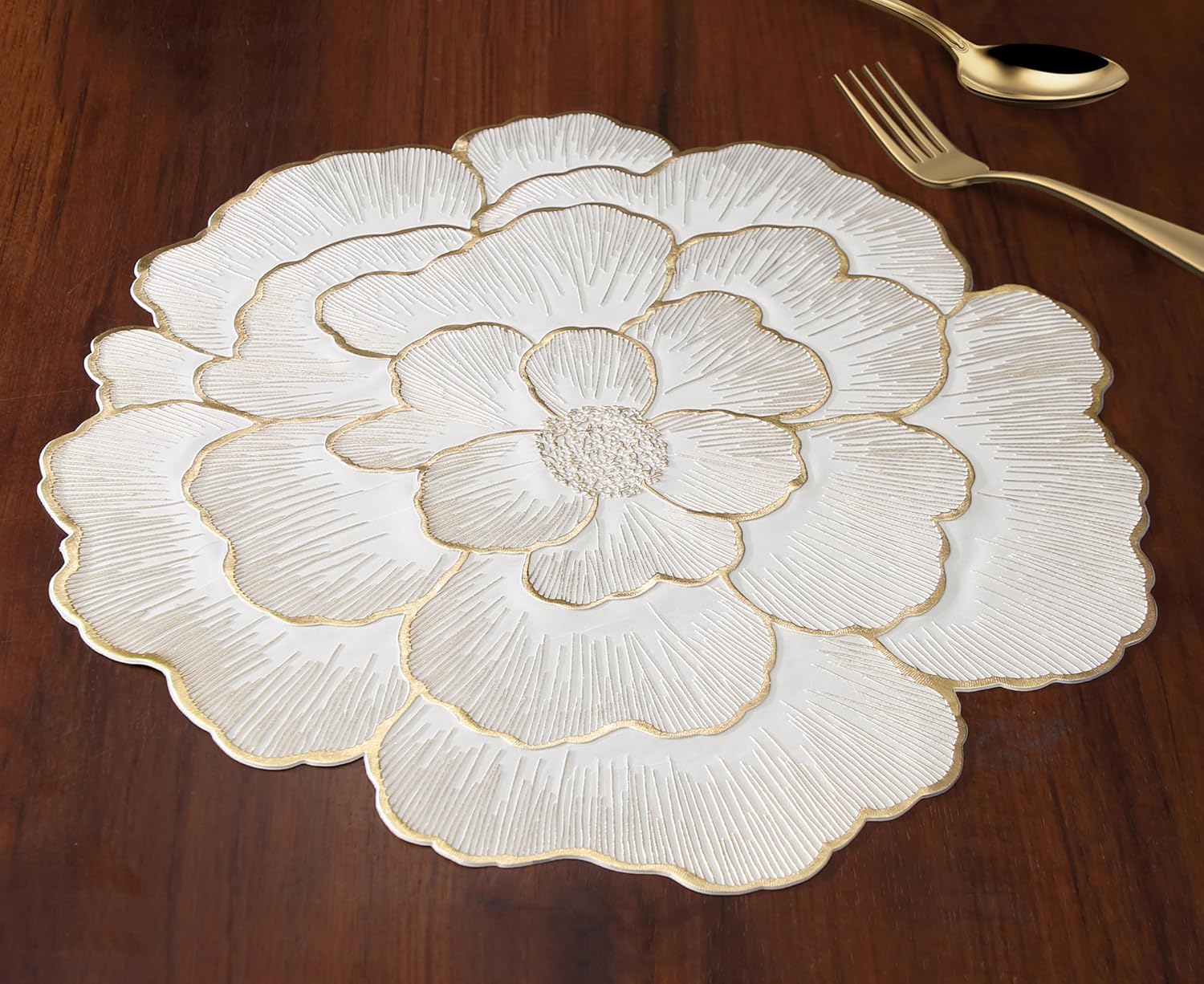 Moonval Floral Round Placemat, Gold-Trim Waterproof PVC Table Mat with Anti-Skid Base