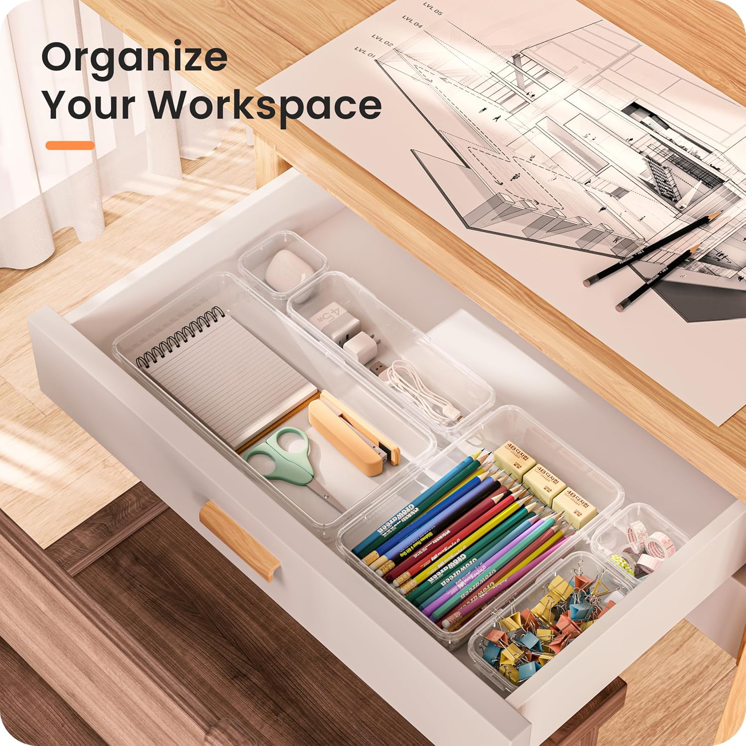 Moonval Clear Drawer Organizer Set, 5-Size Makeup & Desk Organizer Trays for Bathroom, Vanity & Office