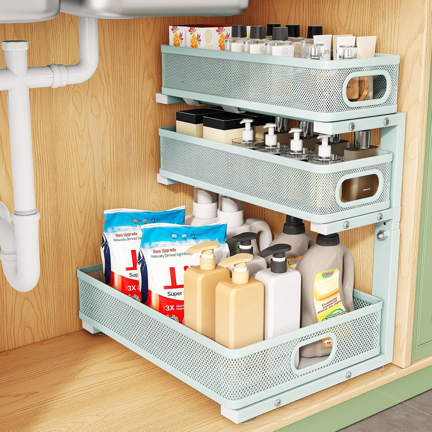 Moonval Under Sink Organizer, 3-Tier Height-Adjustable Sliding Metal Cabinet Shelf for Kitchen & Bathroom