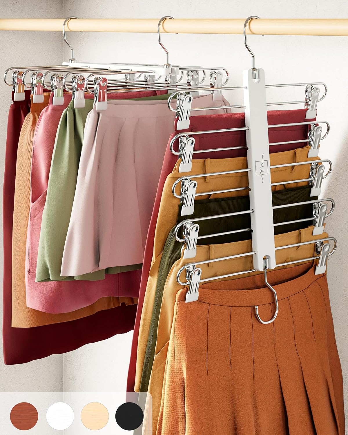 Moonval Skirt Hangers, 2-Pack 5-Tier Wooden Closet Organizers with Clips & 360° Swivel Hooks