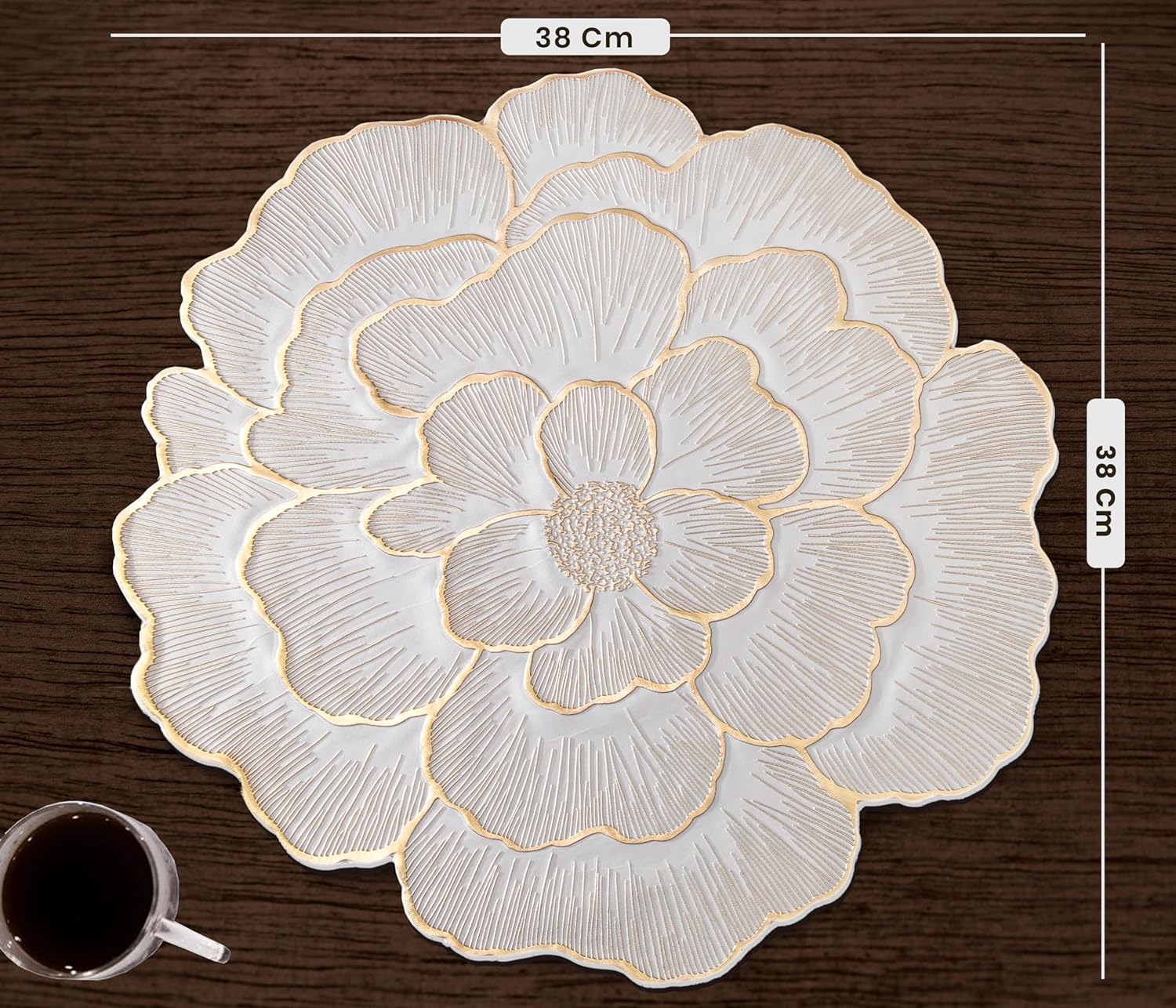 Moonval Floral Round Placemat, Gold-Trim Waterproof PVC Table Mat with Anti-Skid Base