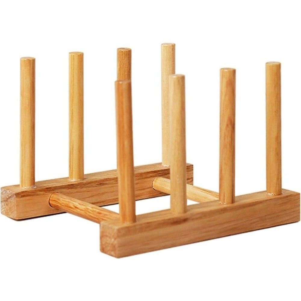 Moonval Bamboo Plate Rack, Wooden Dish Drying & Storage Organizer for Plates & Lids