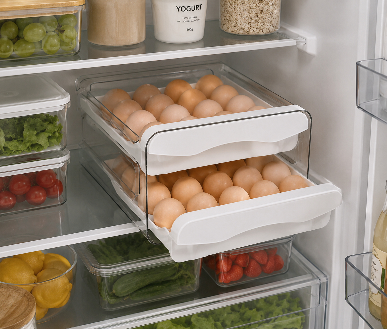 Moonval Double Layer Egg Organizer, Stackable Refrigerator Egg Storage Drawer, Space-Saving