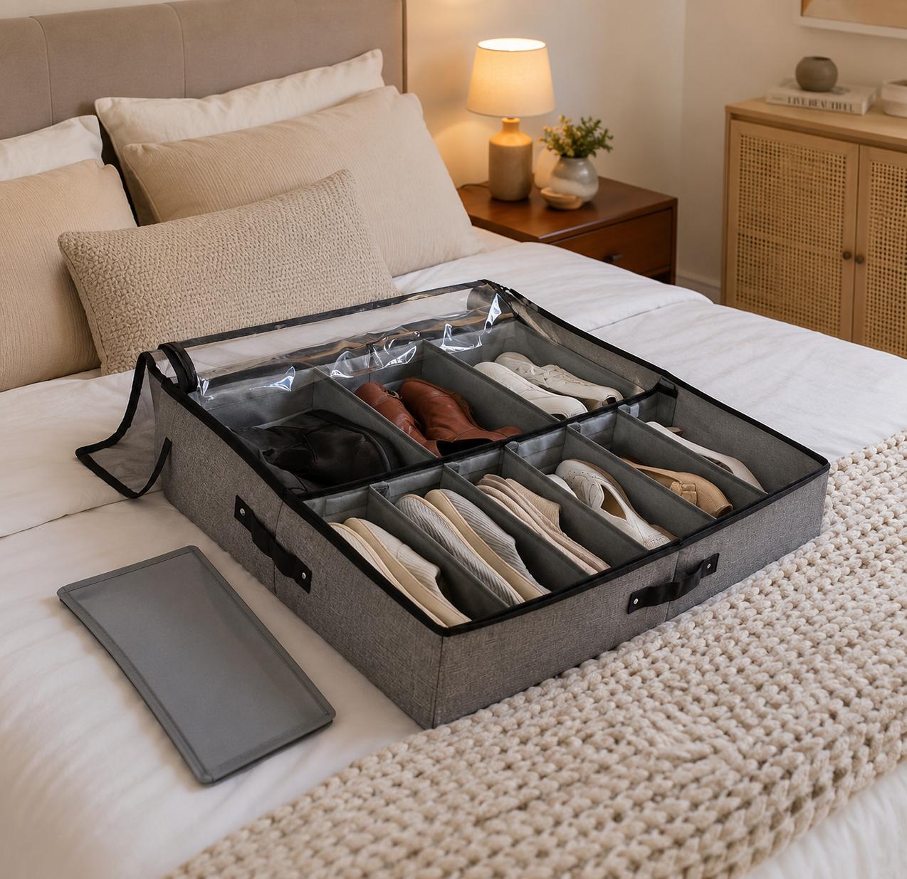 Moonval Under Bed Shoe Organizer, Foldable Storage Bag with Clear Lid & Dividers