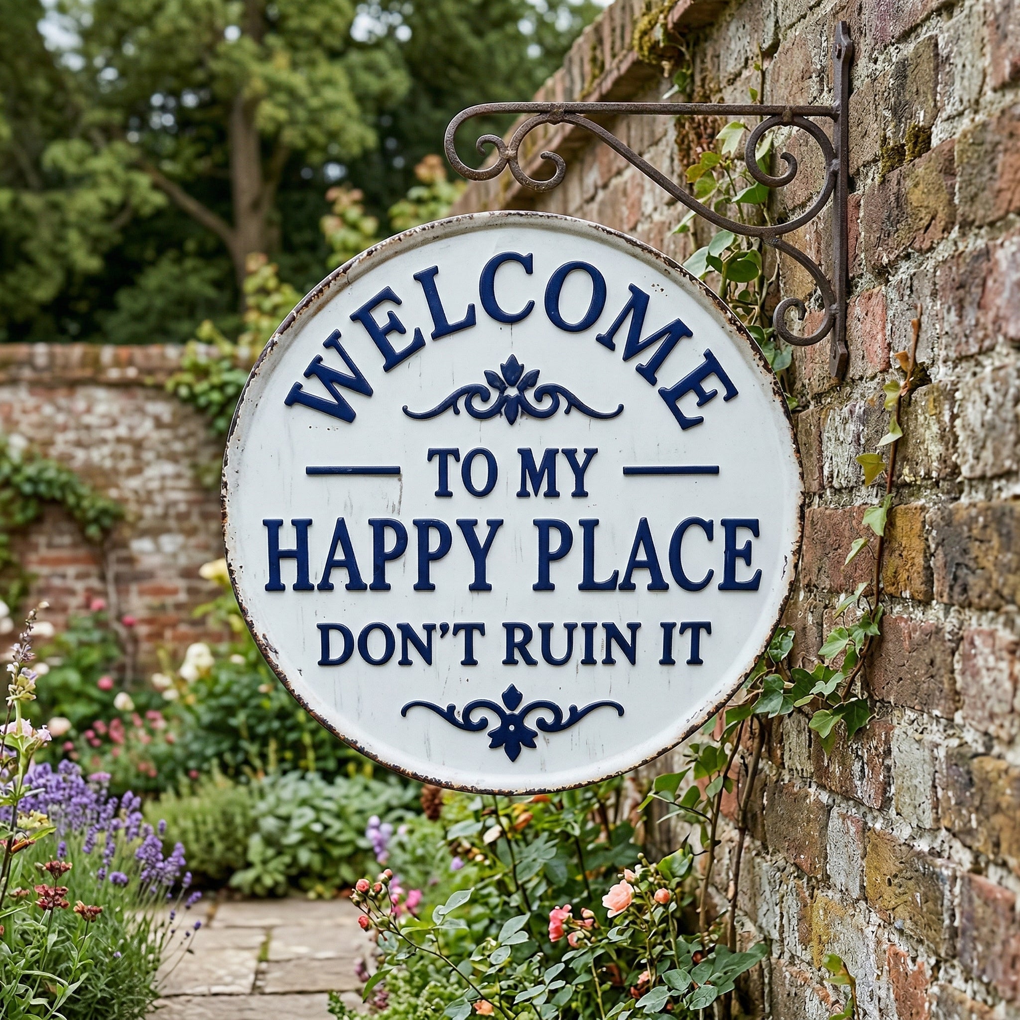 Moonval Vintage Metal Garden Sign, Round Welcome Wall Plaque for Outdoor Patio, Porch & Yard Decor