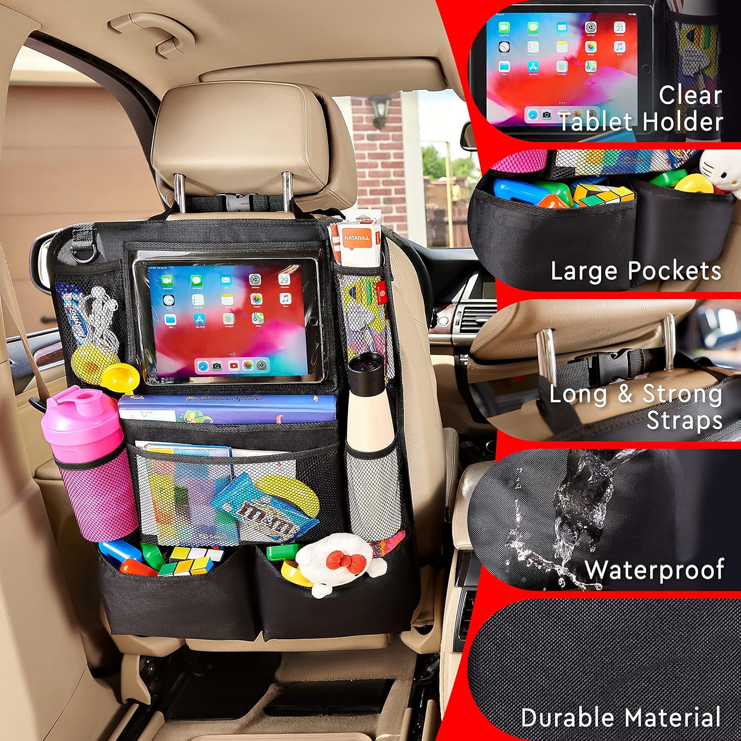 Moonval Backseat Car Organizer, 2-Pack Seat Protectors with Tablet Holder & 9 Storage Pockets
